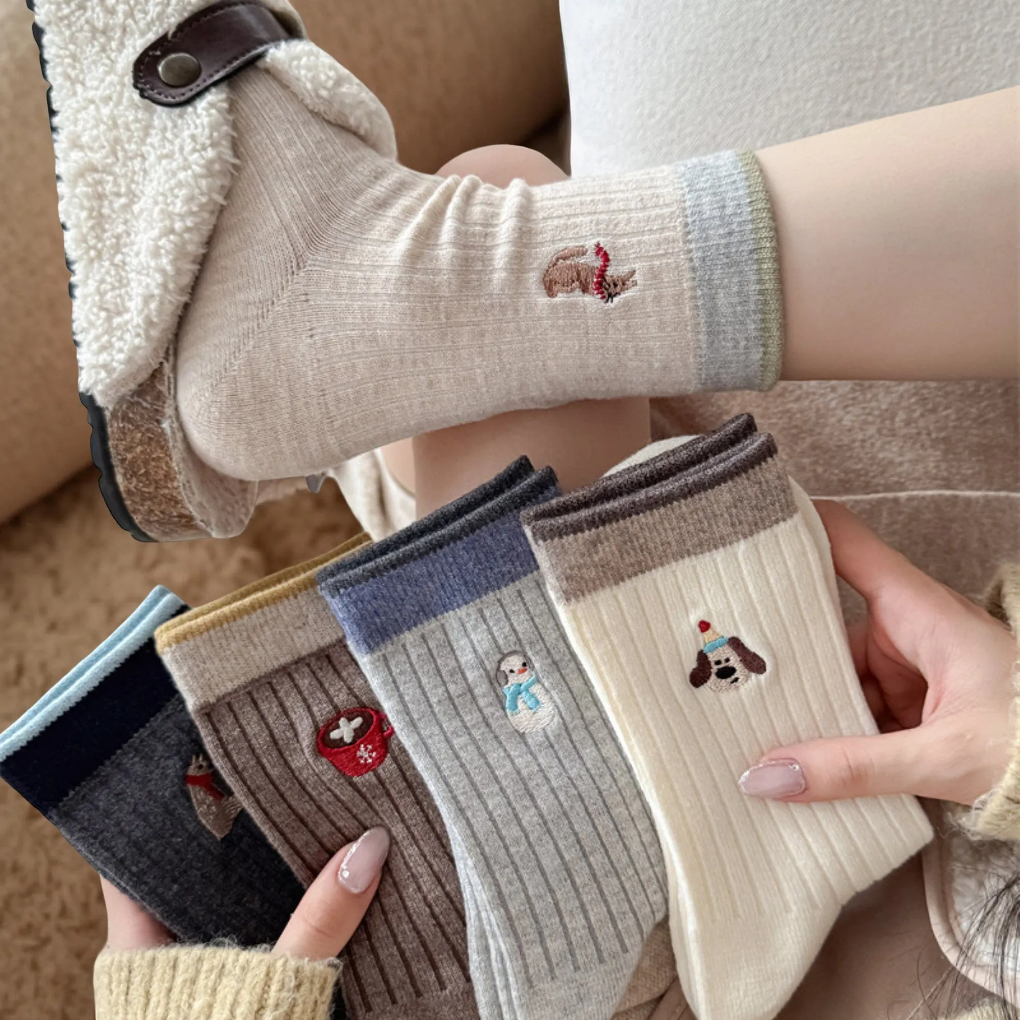 Anna-Kaci Women's 5-Pair Ribbed Knit Crew Socks with Embroidered Holiday Motifs Cozy Giftable Winter Socks sold by Anna-Kaci product image thumbnail 4