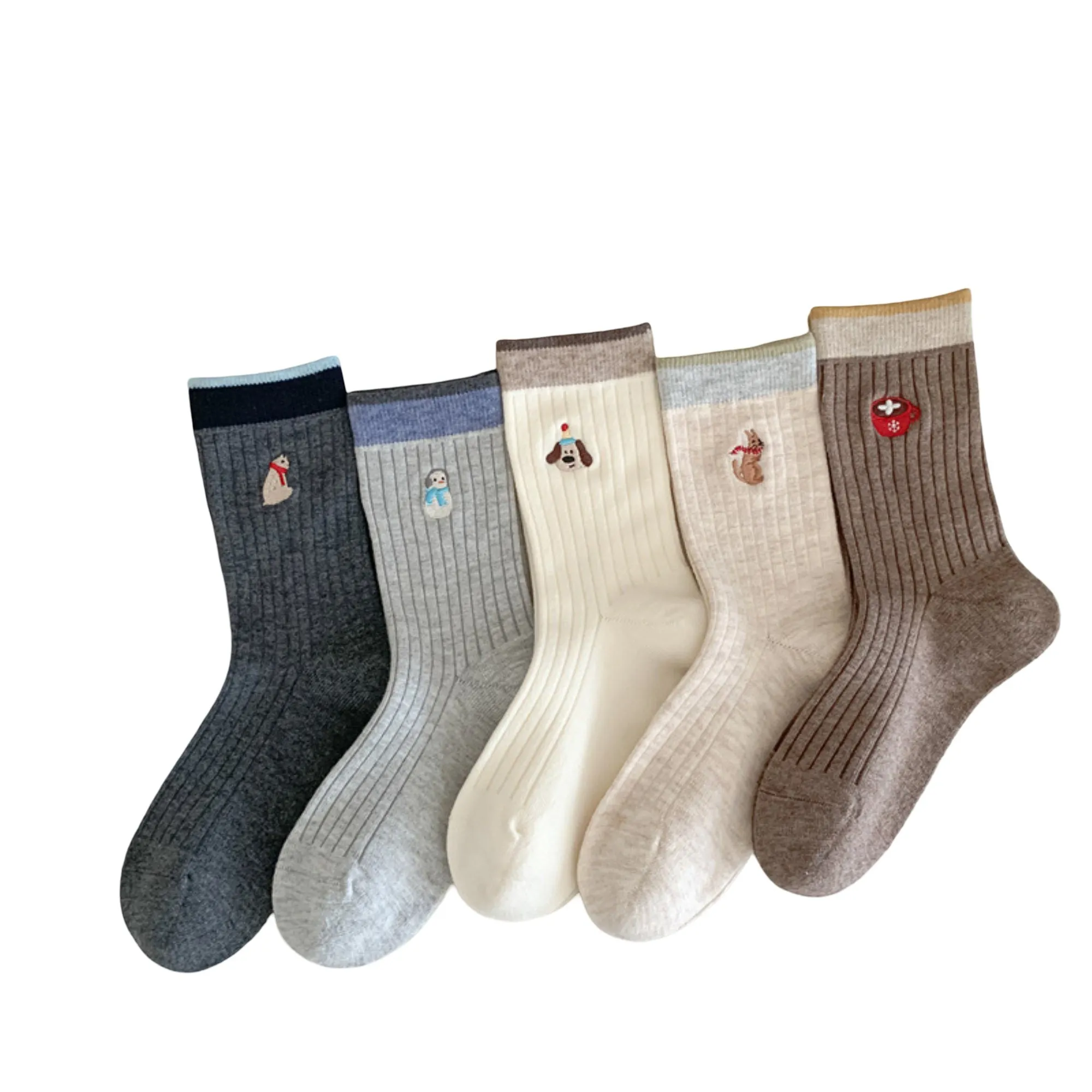 Anna-Kaci Women's 5-Pair Ribbed Knit Crew Socks with Embroidered Holiday Motifs Cozy Giftable Winter Socks sold by Anna-Kaci