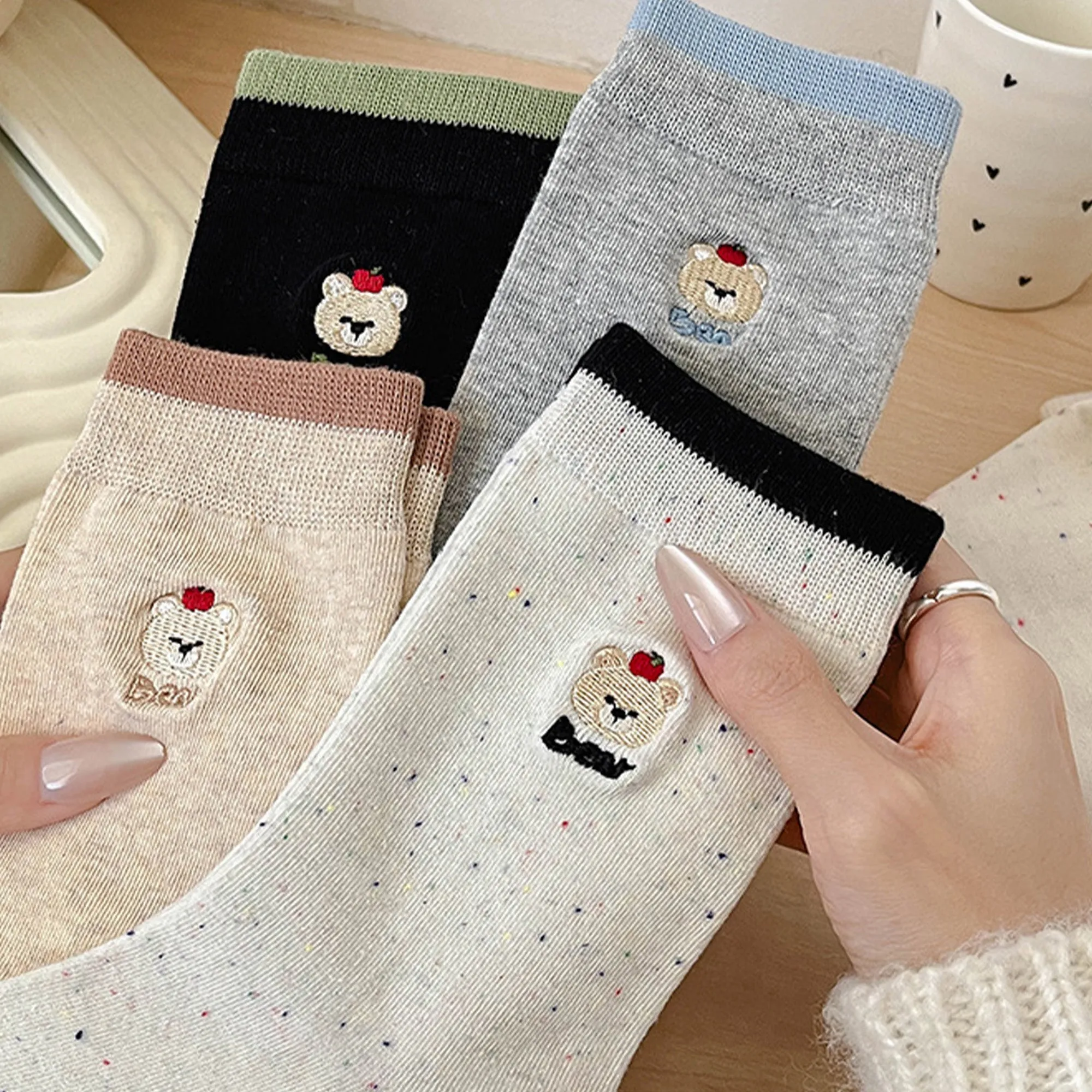 Anna-Kaci Womens Comfortable Cotton Crew Socks 6 Pairs Soft Embroidered Bear Design sold by Anna-Kaci product image thumbnail 4