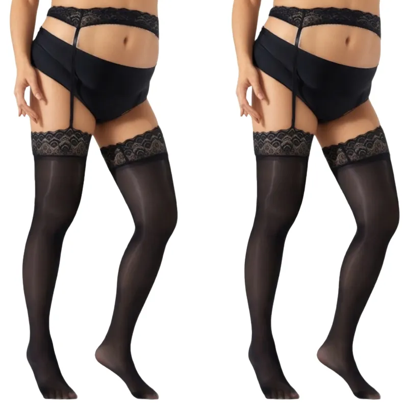 Anna-Kaci 2pcs Women's Sheer Thigh High Stockings with Soft Stretch Fit and Decorative Lace Top Detail made by Anna-Kaci