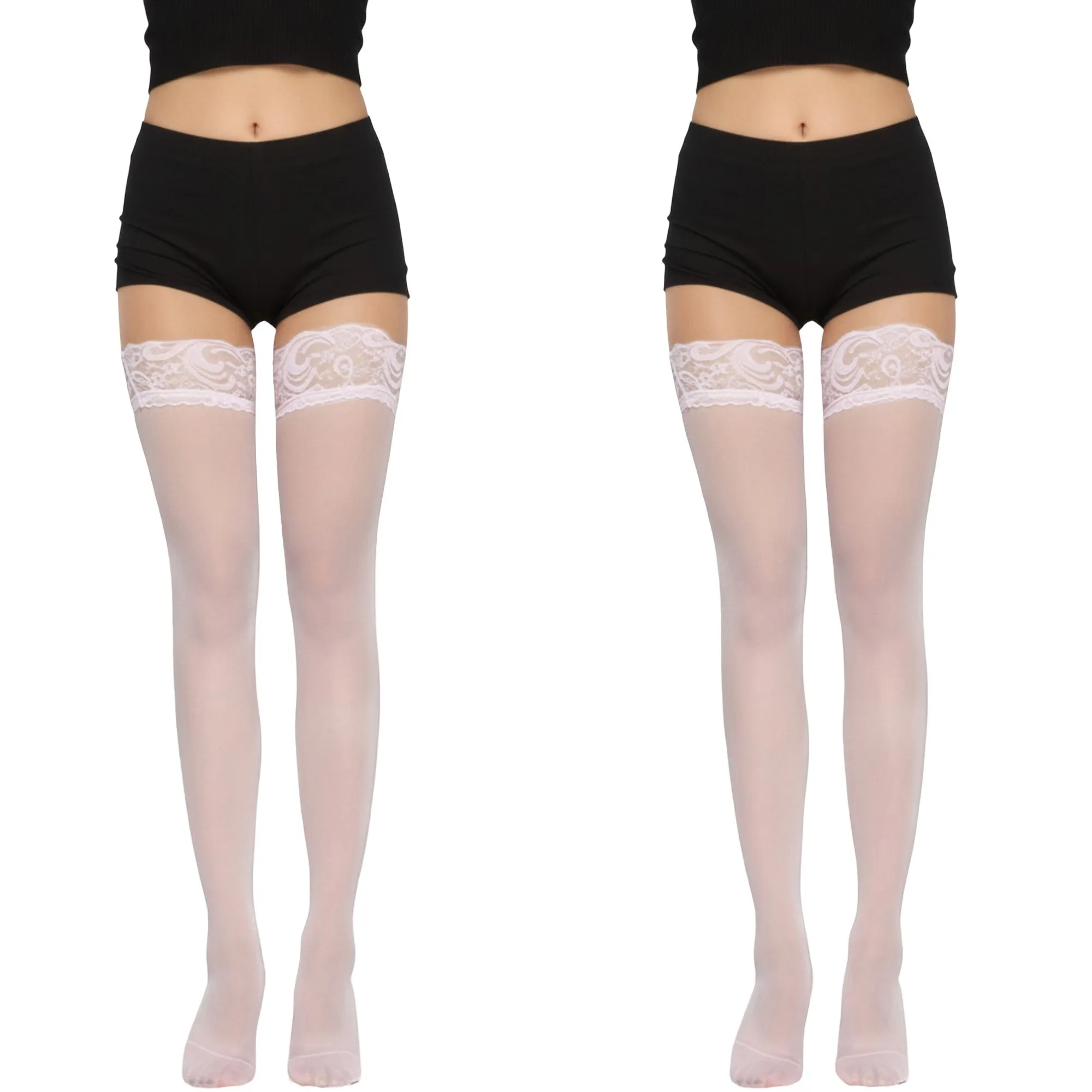 Anna-Kaci 2pcs Women's Sheer Thigh High Stockings with Decorative Lace Top Detail and Soft Stretch Fit for Elegant Feminine Legwear Styling sold by Anna-Kaci