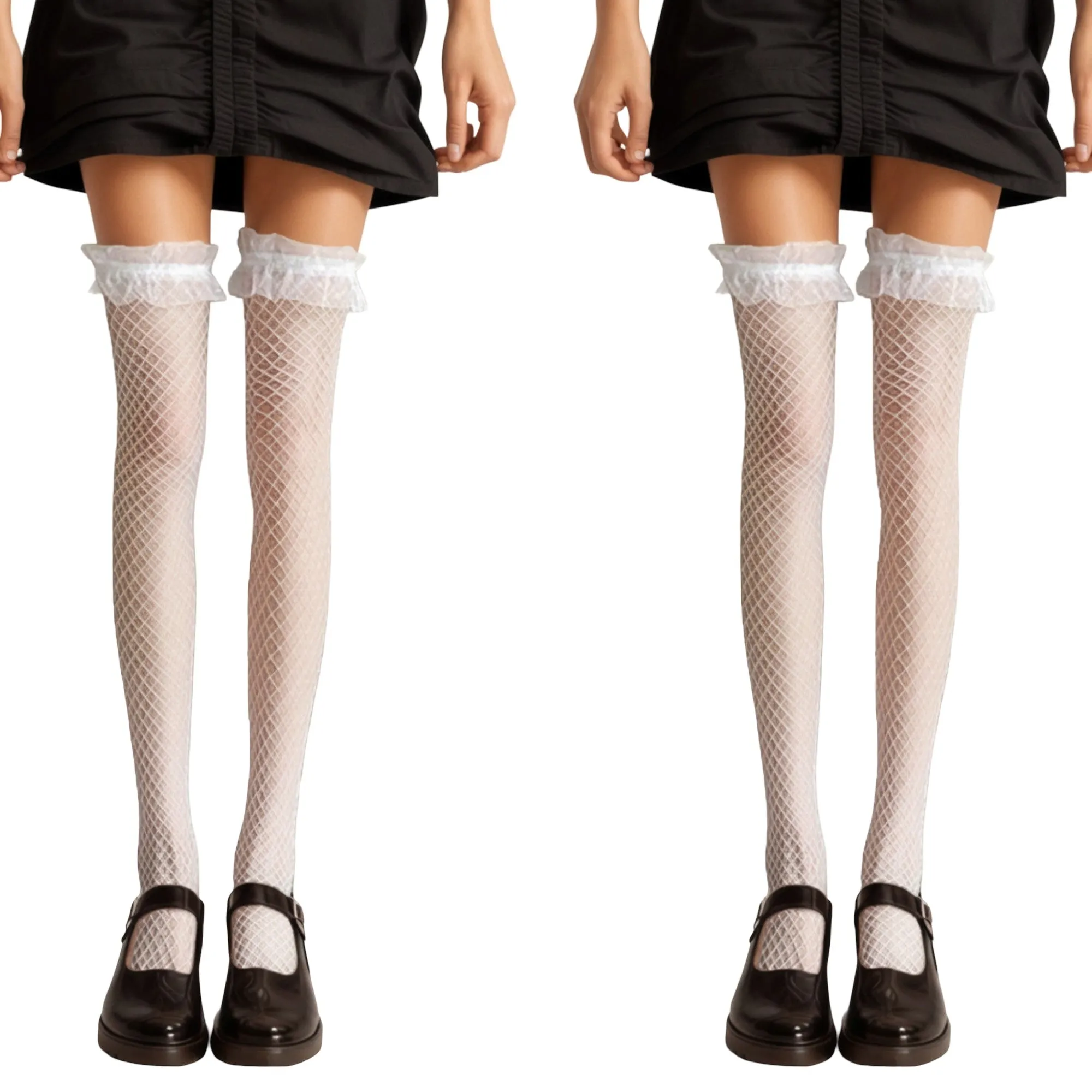 Anna-Kaci 2pcs Women's Fishnet Thigh High Stockings with Ruffled Lace Top Detail Soft Stretch Fit for Delicate Feminine Layered Styling sold by Anna-Kaci product image thumbnail 5