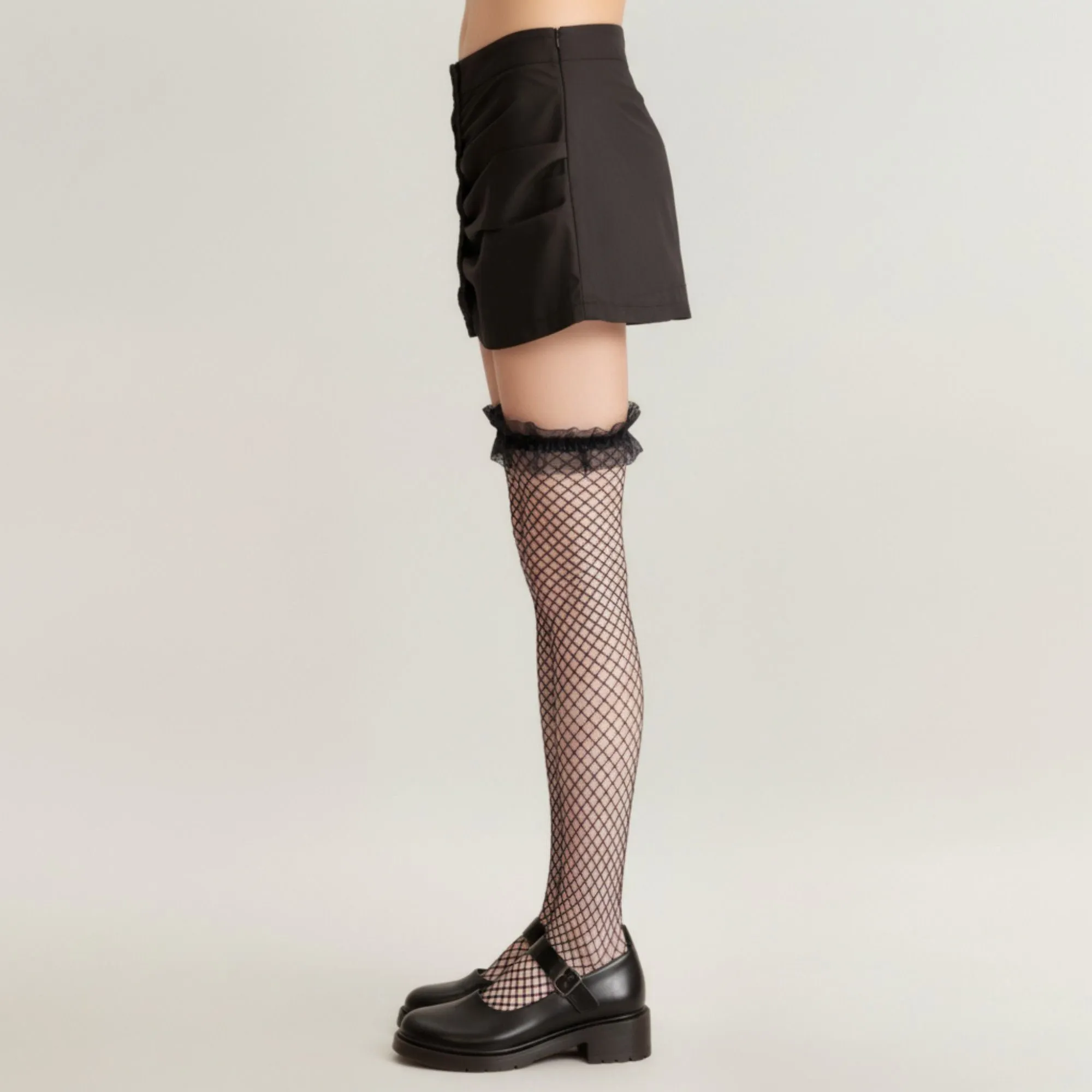 Anna-Kaci 2pcs Women's Fishnet Thigh High Stockings with Ruffled Lace Top Detail Soft Stretch Fit for Delicate Feminine Layered Styling sold by Anna-Kaci product image thumbnail 2