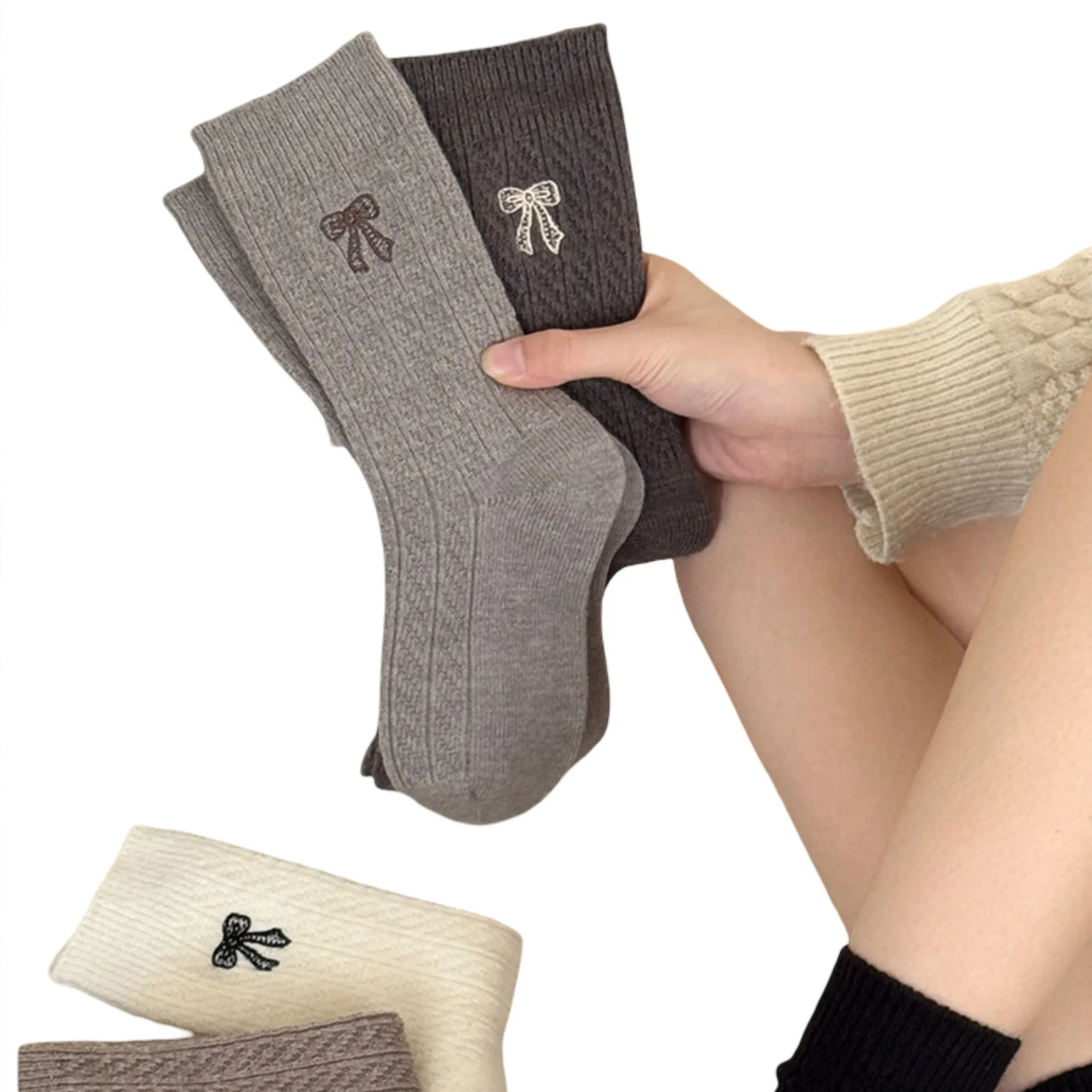 Anna-Kaci 2-Pack Womens Cotton Blend Crew Socks with Embroidered Bow sold by Anna-Kaci product image thumbnail 3