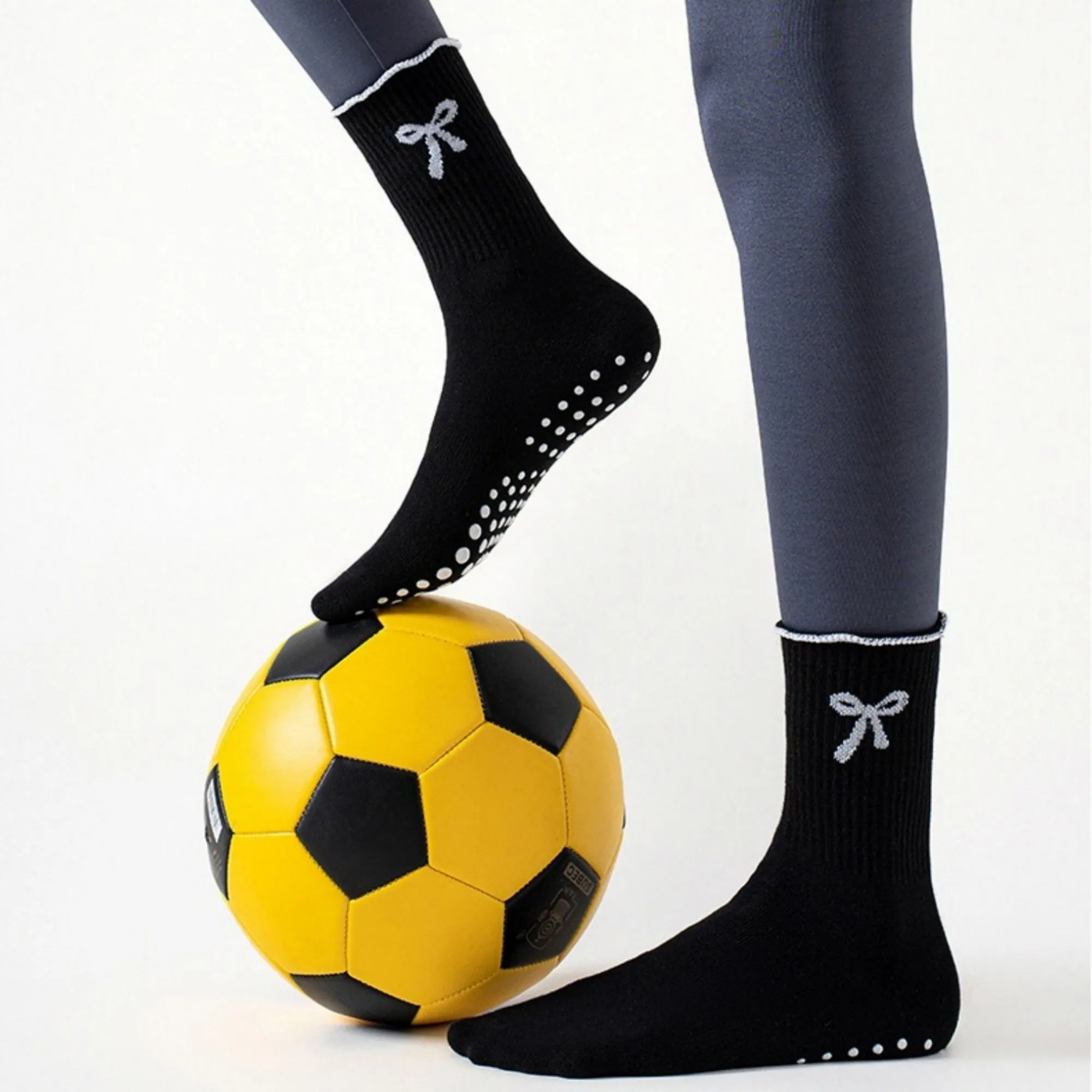 Anna-Kaci Women's 3-Piece Set Ribbed Crew Socks with Bow Embroidery Scalloped Cuff and Non Slip Grip Sole sold by Anna-Kaci product image thumbnail 4