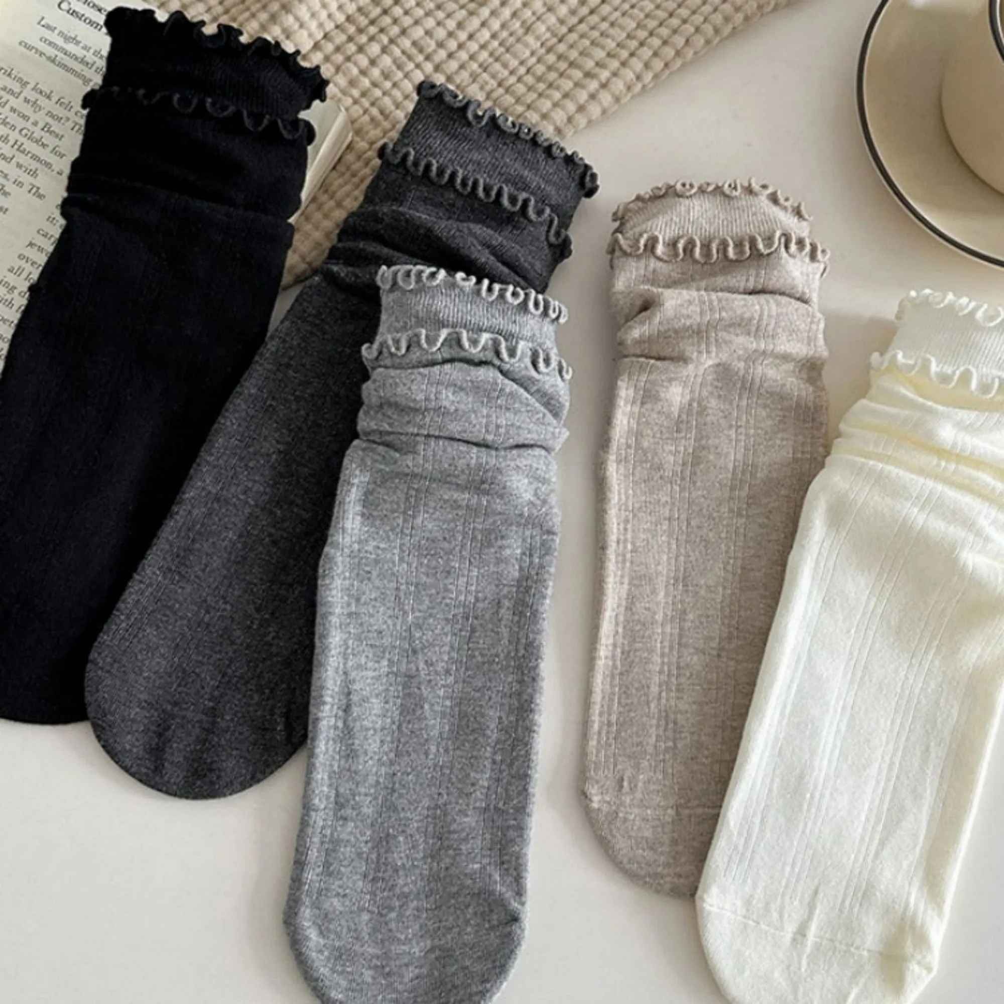 Anna-Kaci 3-Pair Women's Soft Ribbed Crew Socks with Lettuce Edge Cuff Stretch Cotton Feel Everyday Comfort Set sold by Anna-Kaci product image thumbnail 5