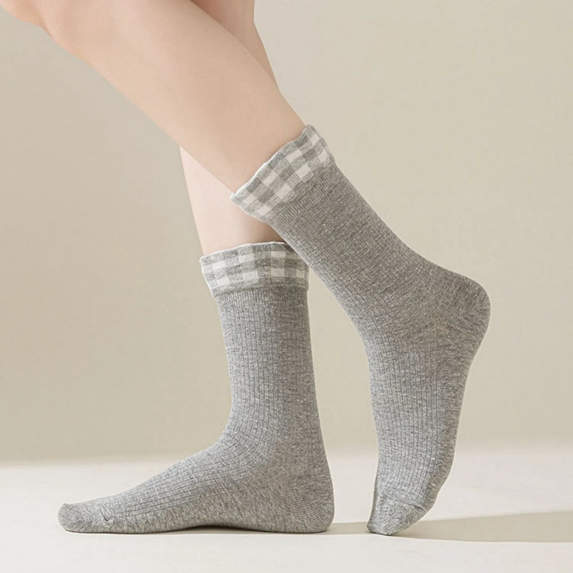 Anna-Kaci 4-Pair Women's Ribbed Crew Socks with Gingham Foldover Cuff Soft Stretch Cotton Feel Everyday Gift Set sold by Anna-Kaci product image thumbnail 2