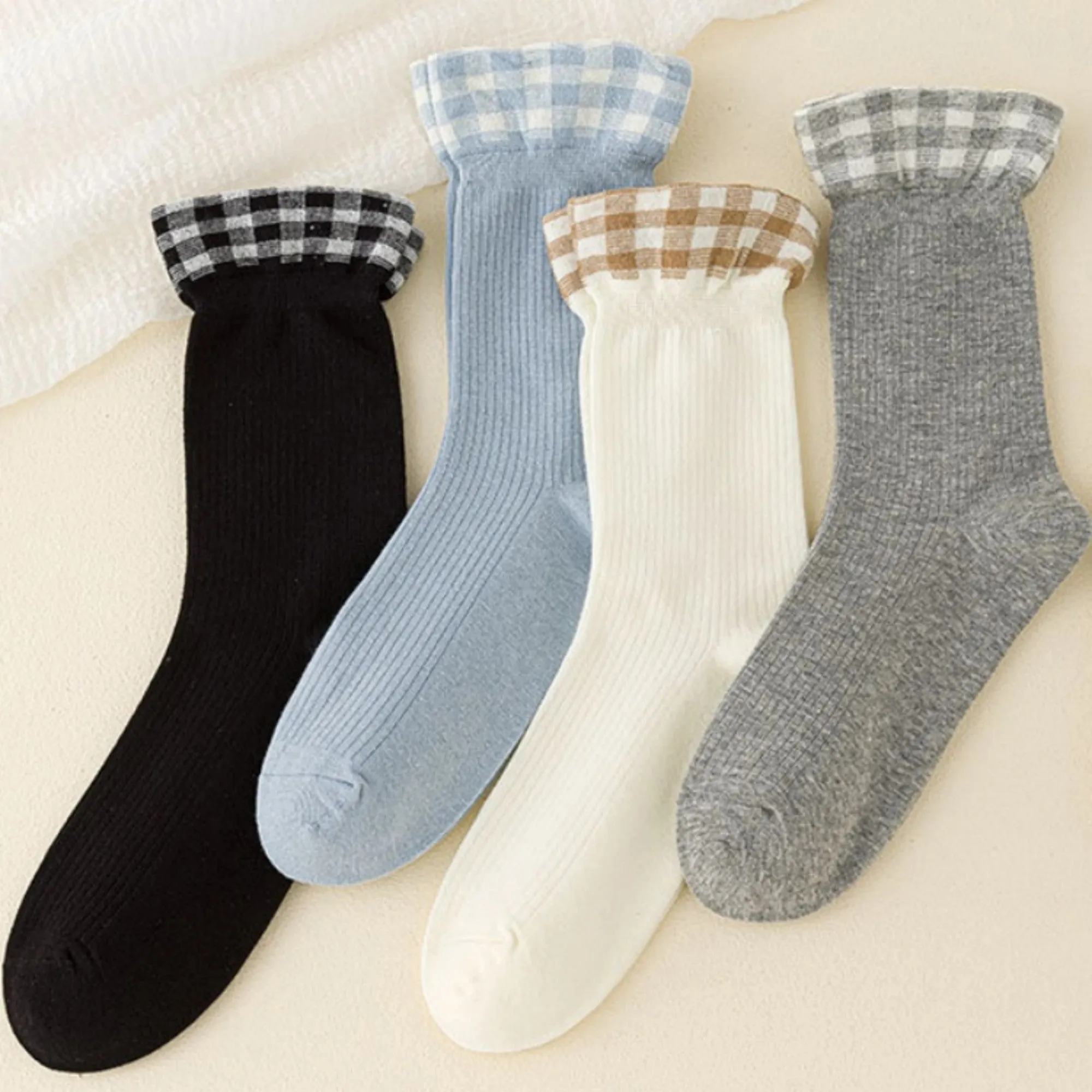 Anna-Kaci 4-Pair Women's Ribbed Crew Socks with Gingham Foldover Cuff Soft Stretch Cotton Feel Everyday Gift Set sold by Anna-Kaci product image thumbnail 4