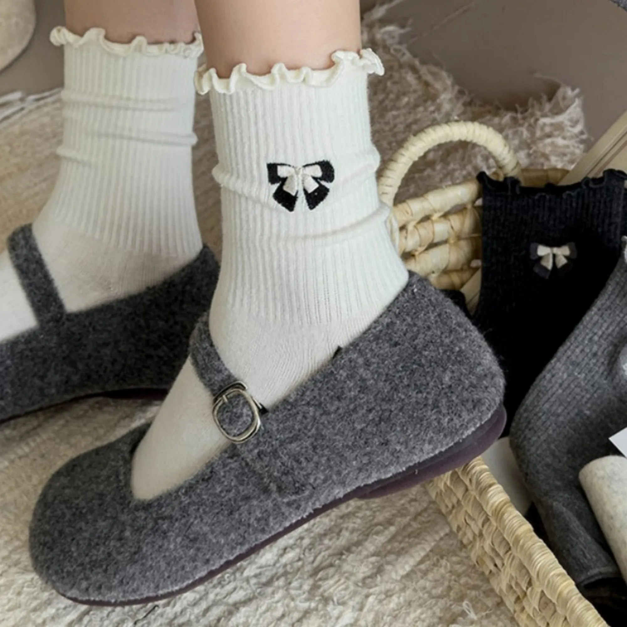 Anna-Kaci 3-Pair Women's Soft Ribbed Ankle Socks with Lettuce Edge Trim and Bow Accent Stretch Knit Comfort Set US(5-10) sold by Anna-Kaci product image thumbnail 4