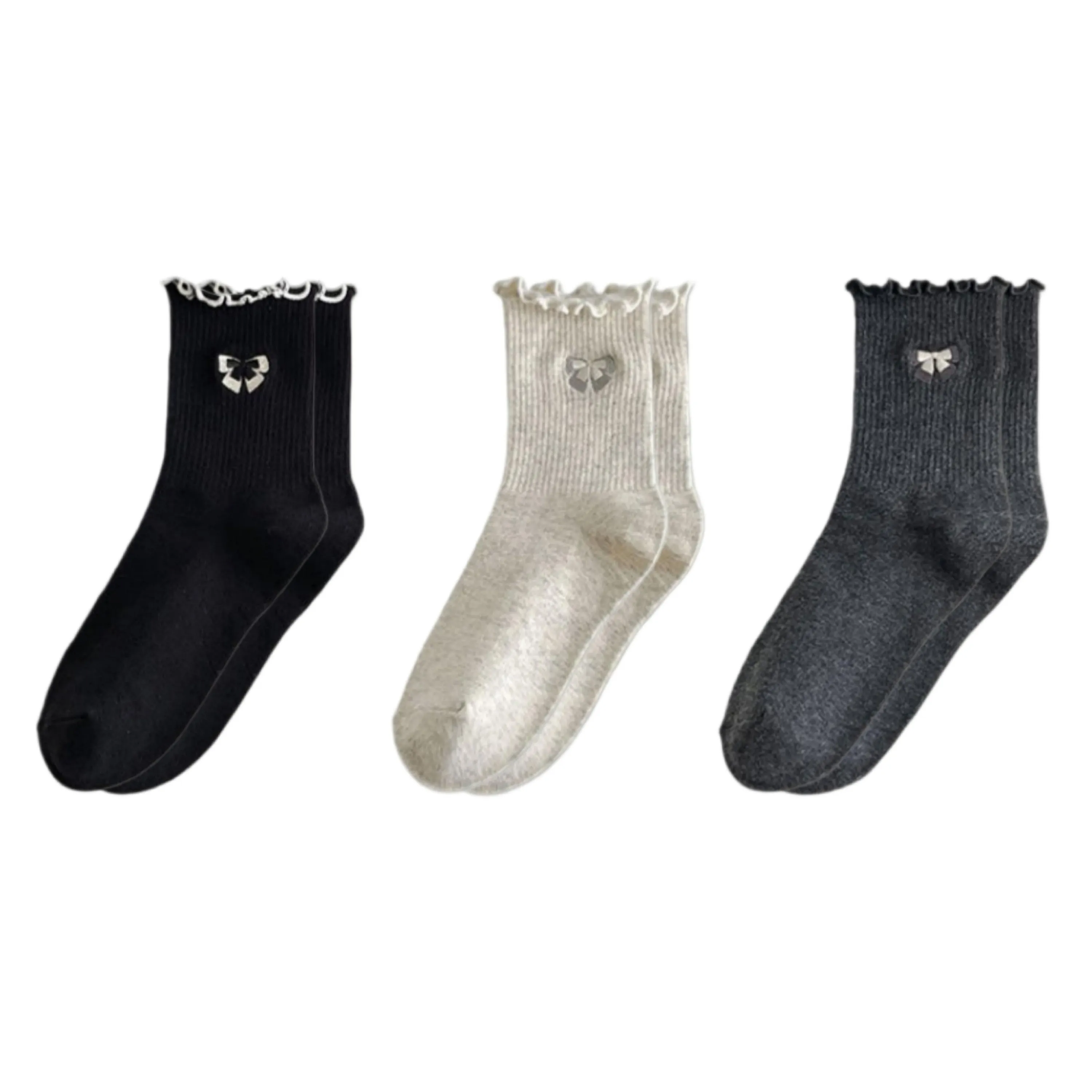 Anna-Kaci 3-Pair Women's Soft Ribbed Ankle Socks with Lettuce Edge Trim and Bow Accent Stretch Knit Comfort Set US(5-10) sold by Anna-Kaci product image thumbnail 5