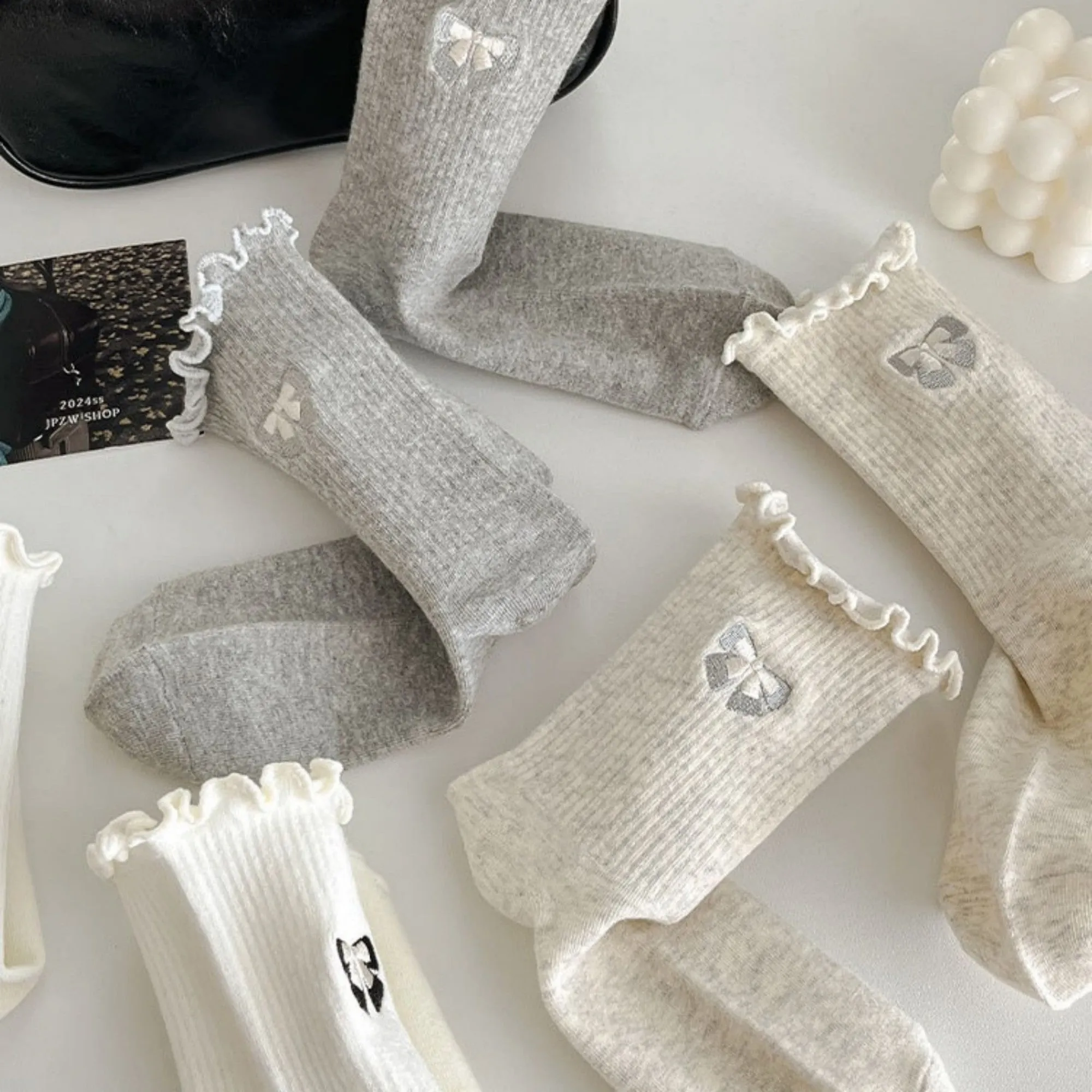 Anna-Kaci 3-Pair Women's Soft Ribbed Ankle Socks with Lettuce Edge Trim and Bow Accent Stretch Knit Comfort Set US(5-10) sold by Anna-Kaci product image thumbnail 3