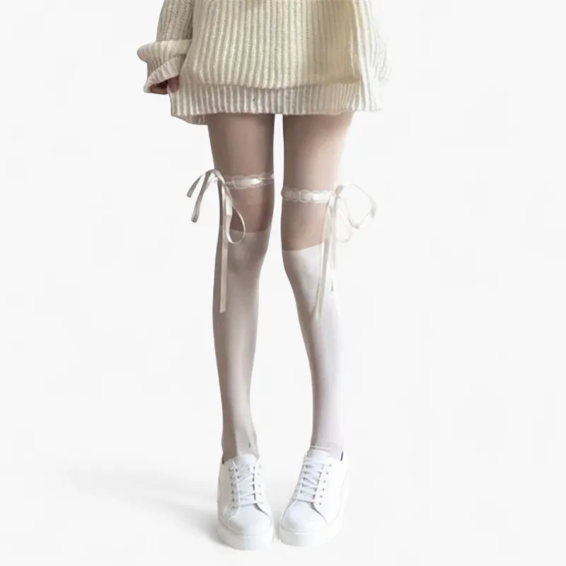 Anna-Kaci Women's Sheer Over-the-Knee Tights with Satin Ribbon Bow and Scalloped Edge Design made by Anna-Kaci