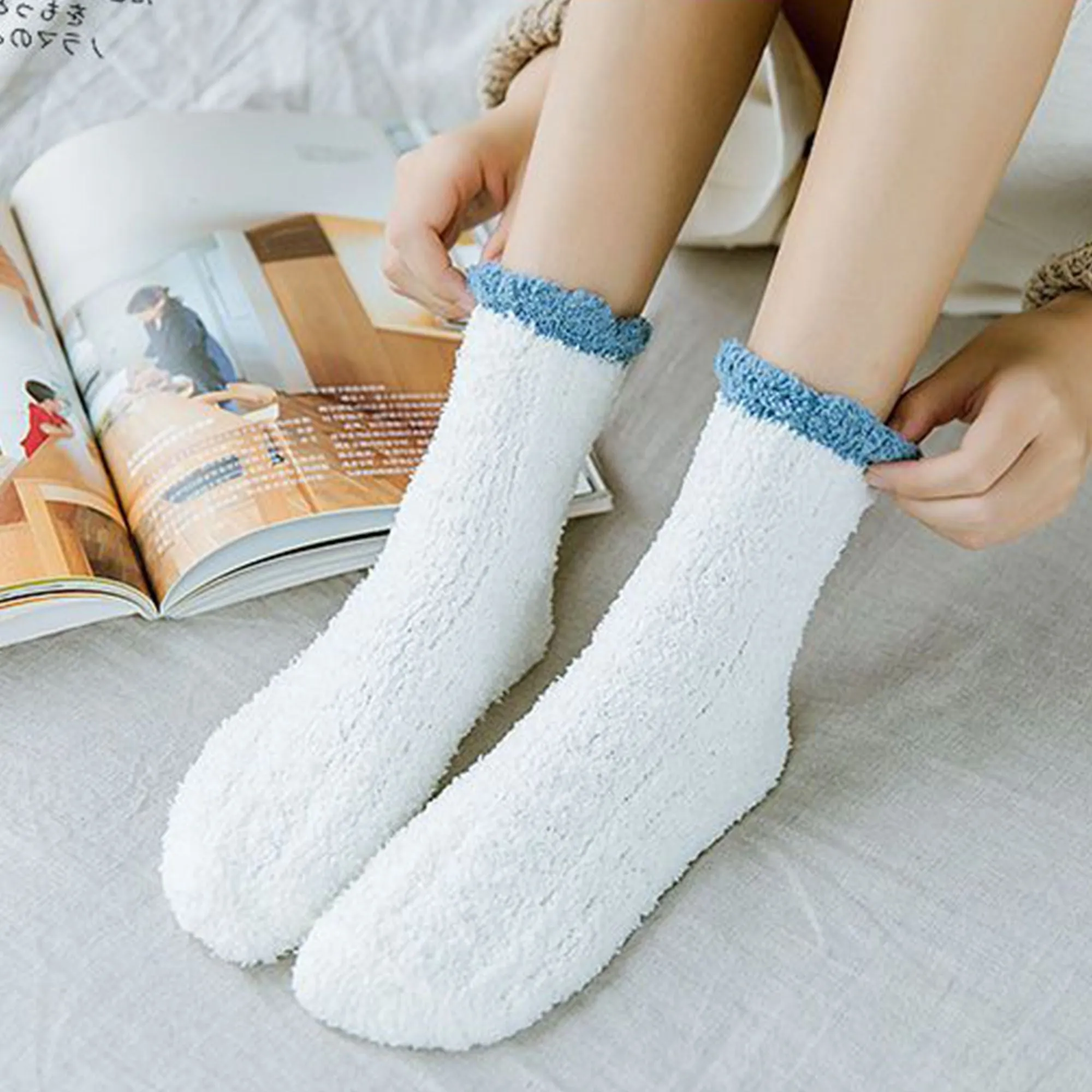 Anna-Kaci 4-Pair Plush Cozy Fuzzy Socks with Contrast Cuffs for Winter Indoor Warmth sold by Anna-Kaci product image thumbnail 2