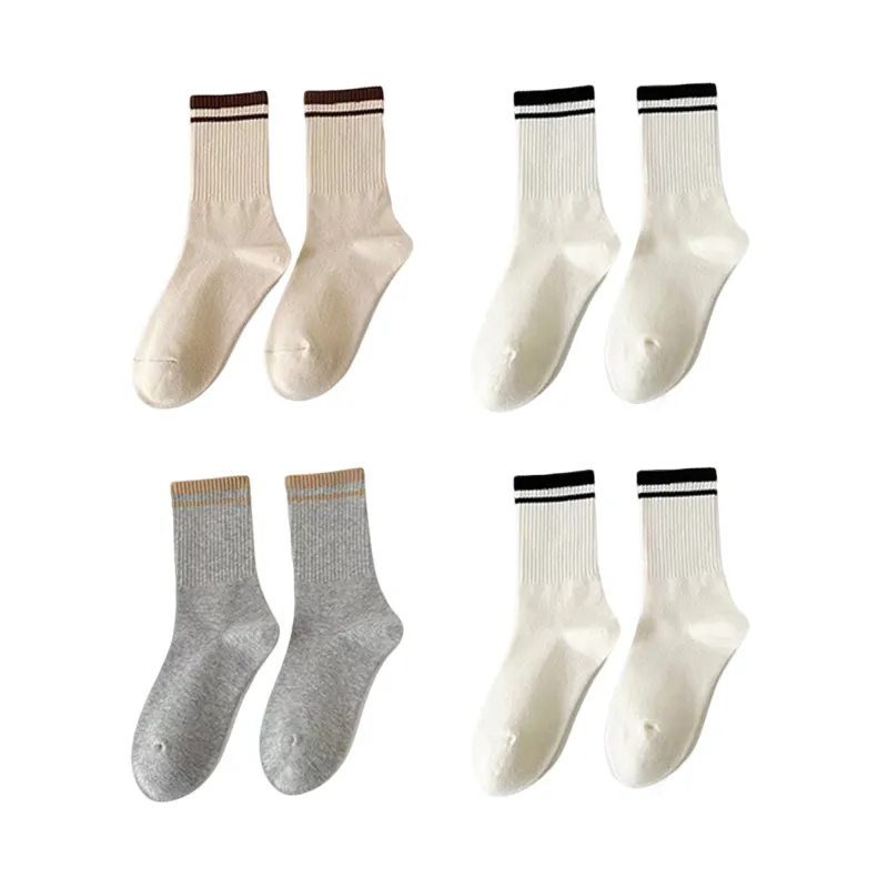 Anna-Kaci Women's 4-Pack Ribbed Crew Socks with Double Stripe Cuff Soft Stretch Fit in Neutral Tones made by Anna-Kaci