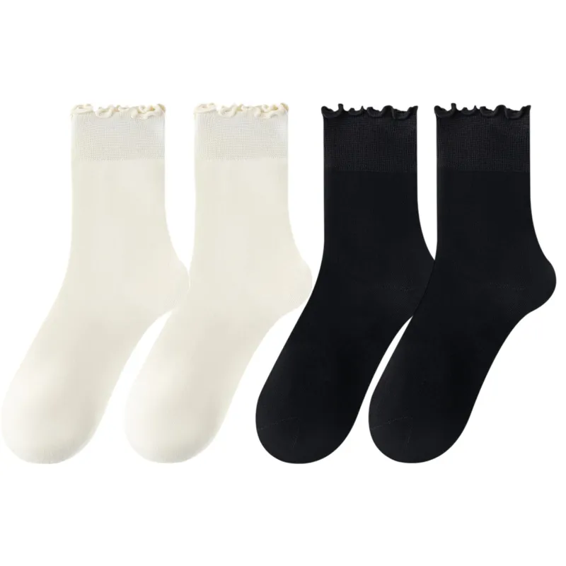 Anna-Kaci 4 Pairs Women's Ruffle Edge Crew Socks Soft Stretch Cotton Blend with High Elastic Cuffs in Assorted Solid Colors sold by Anna-Kaci