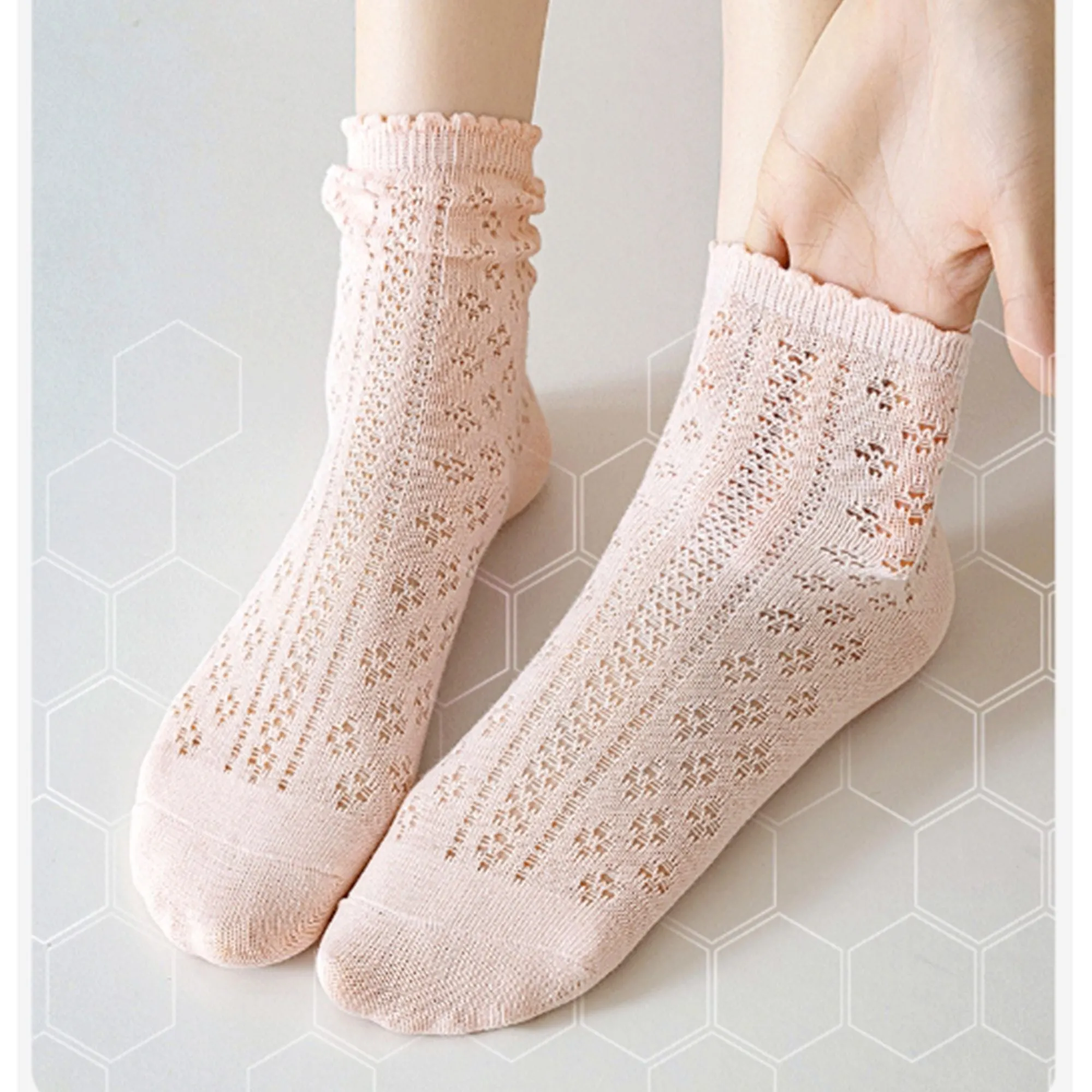 Anna-Kaci 4 Pairs Women's Lace Knit Crew Socks Lightweight Breathable Mesh Style with Elastic Cuff in Assorted Patterns sold by Anna-Kaci product image thumbnail 2