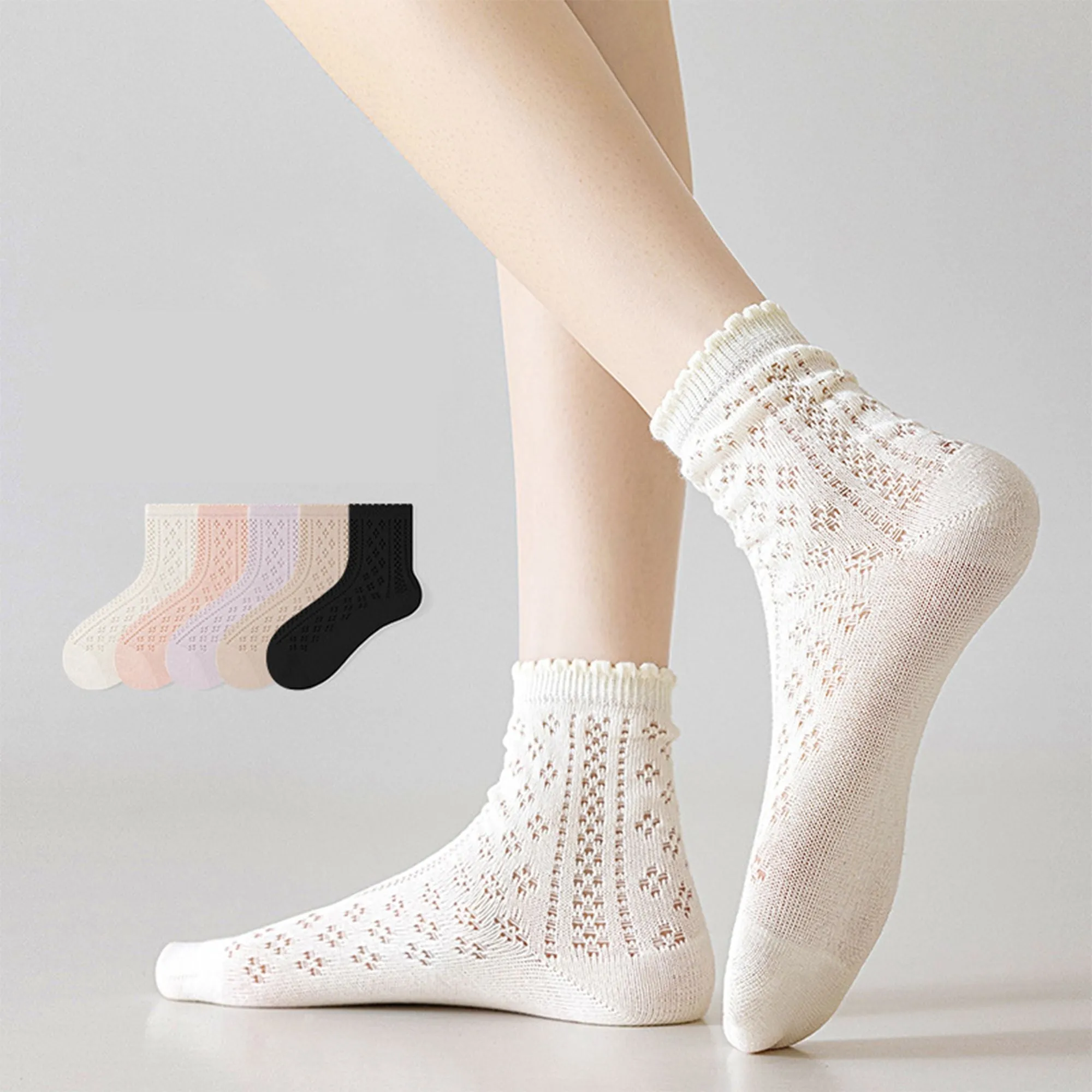 Anna-Kaci 4 Pairs Women's Lace Knit Crew Socks Lightweight Breathable Mesh Style with Elastic Cuff in Assorted Patterns sold by Anna-Kaci product image thumbnail 4