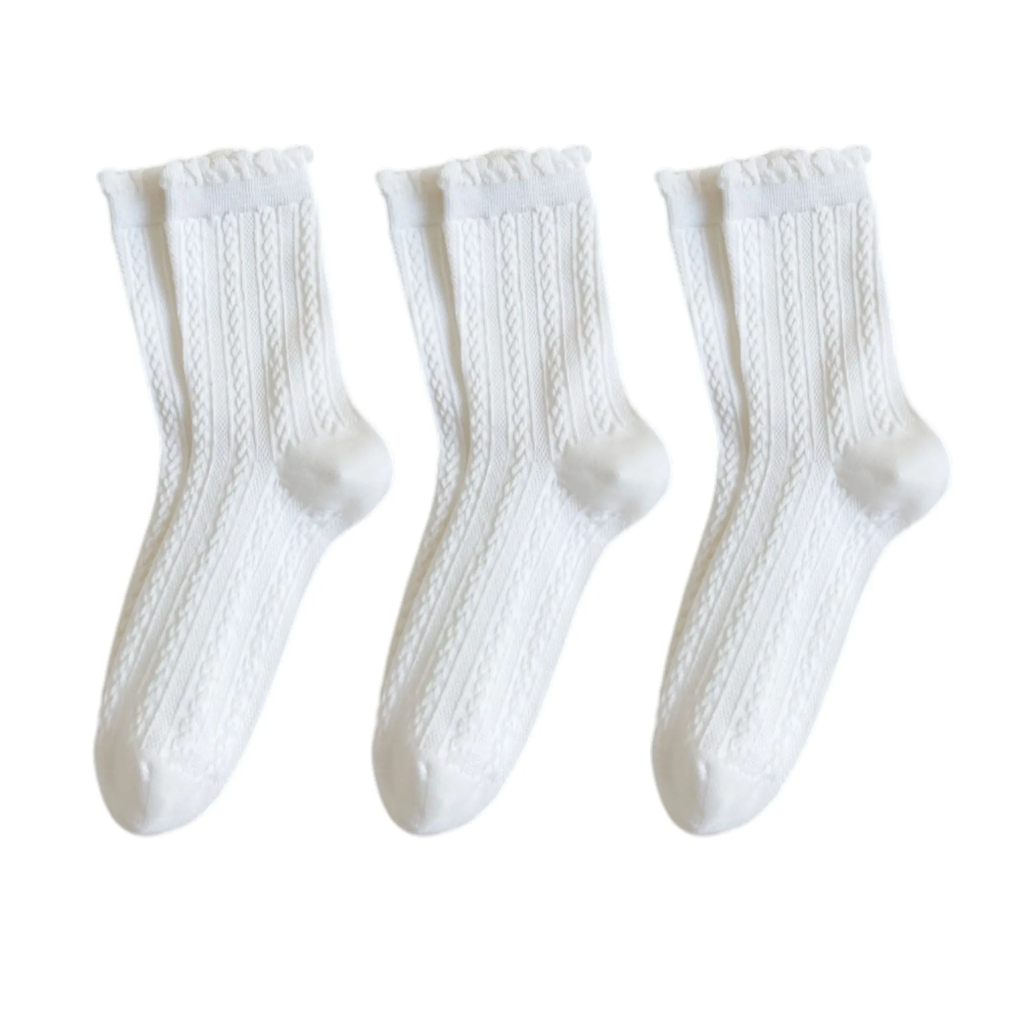 Anna-Kaci 3 Pairs Mid-Crew Cable Knit Socks with Ruffle Cuffs Soft Stretchy Vintage-Inspired Design sold by Anna-Kaci product image thumbnail 5