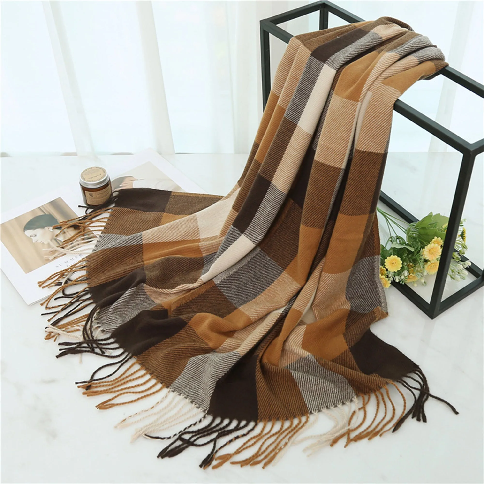 Anna-Kaci Soft Plaid Oversized Scarf with Cozy Woven Texture and Fringe Hem 78.5¡Á26 Inches sold by Anna-Kaci product image thumbnail 5