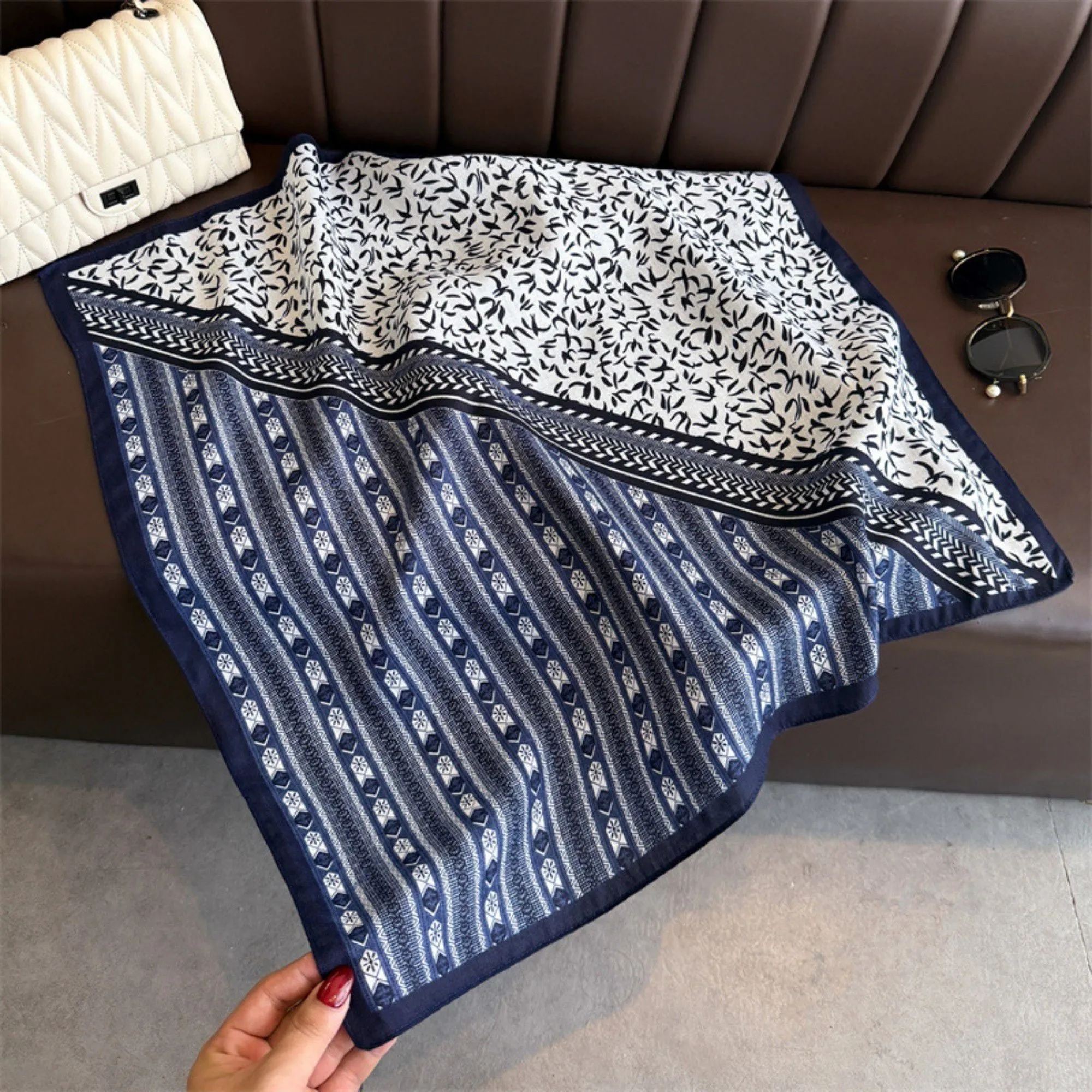 Anna-Kaci Women's Geometric and Leaf Print Satin Square Scarf with Contrasting Patterns 27x27in sold by Anna-Kaci product image thumbnail 2