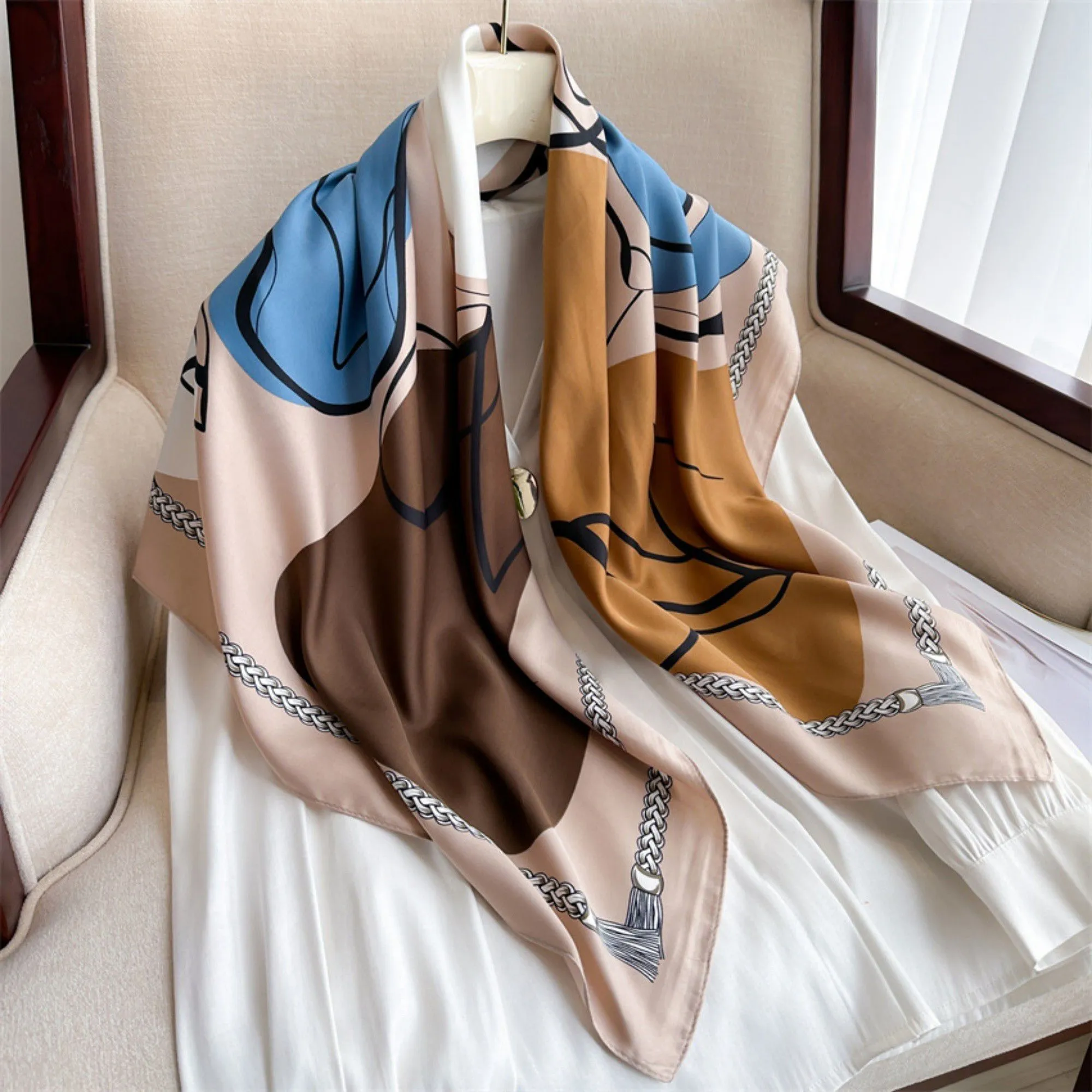 Anna-Kaci Women's Abstract Art Satin Square Scarf with Braided Border Trim 35.5x35.5in sold by Anna-Kaci product image thumbnail 2