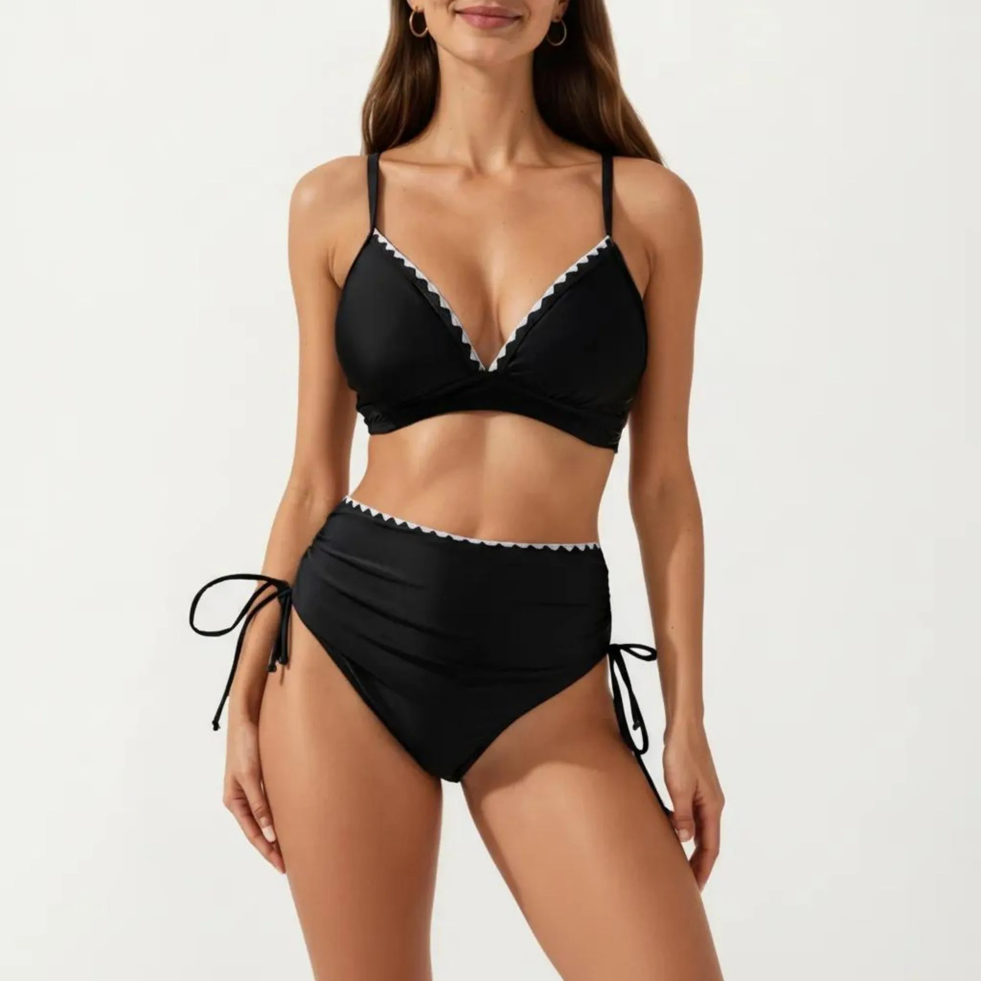 Anna-Kaci Swim Women's 2-Piece Bikini Set with Triangle Bralette Top Scalloped Trim and High Rise Tie Side Bottom sold by Anna-Kaci