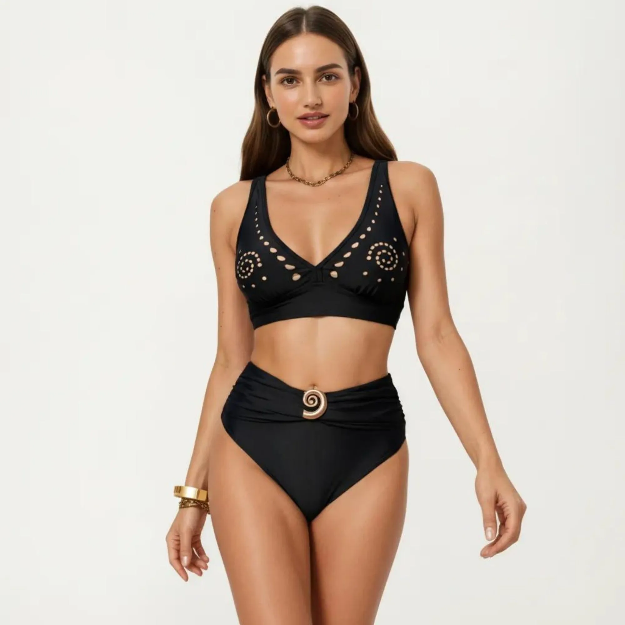 Anna-Kaci Swim Women's 2-Piece Bikini Set with Decorative Stud Bralette Top and High Rise Bottom with Center Hardware sold by Anna-Kaci product image thumbnail 2