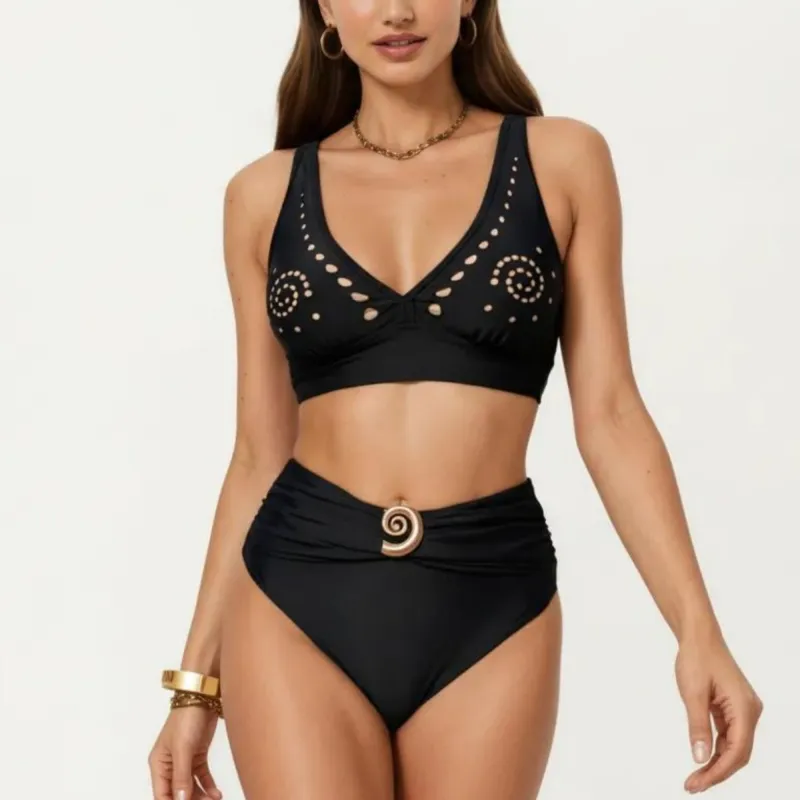 Anna-Kaci Swim Women's 2-Piece Bikini Set with Decorative Stud Bralette Top and High Rise Bottom with Center Hardware sold by Anna-Kaci
