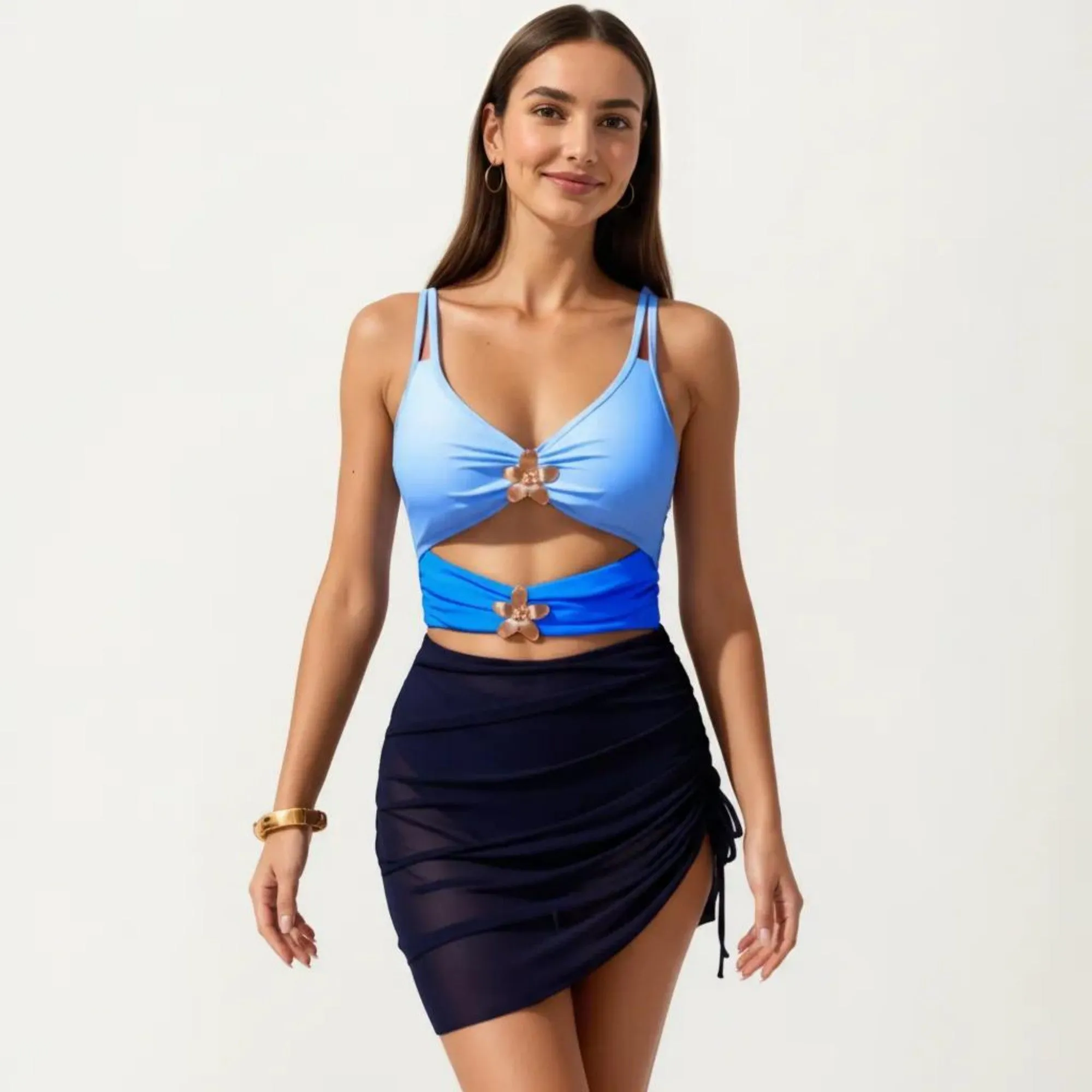 Anna-Kaci Swim Women's One Piece Cutout Swimsuit with Adjustable Straps Decorative Floral Hardware and Ruched Skirt Overlay sold by Anna-Kaci product image thumbnail 2