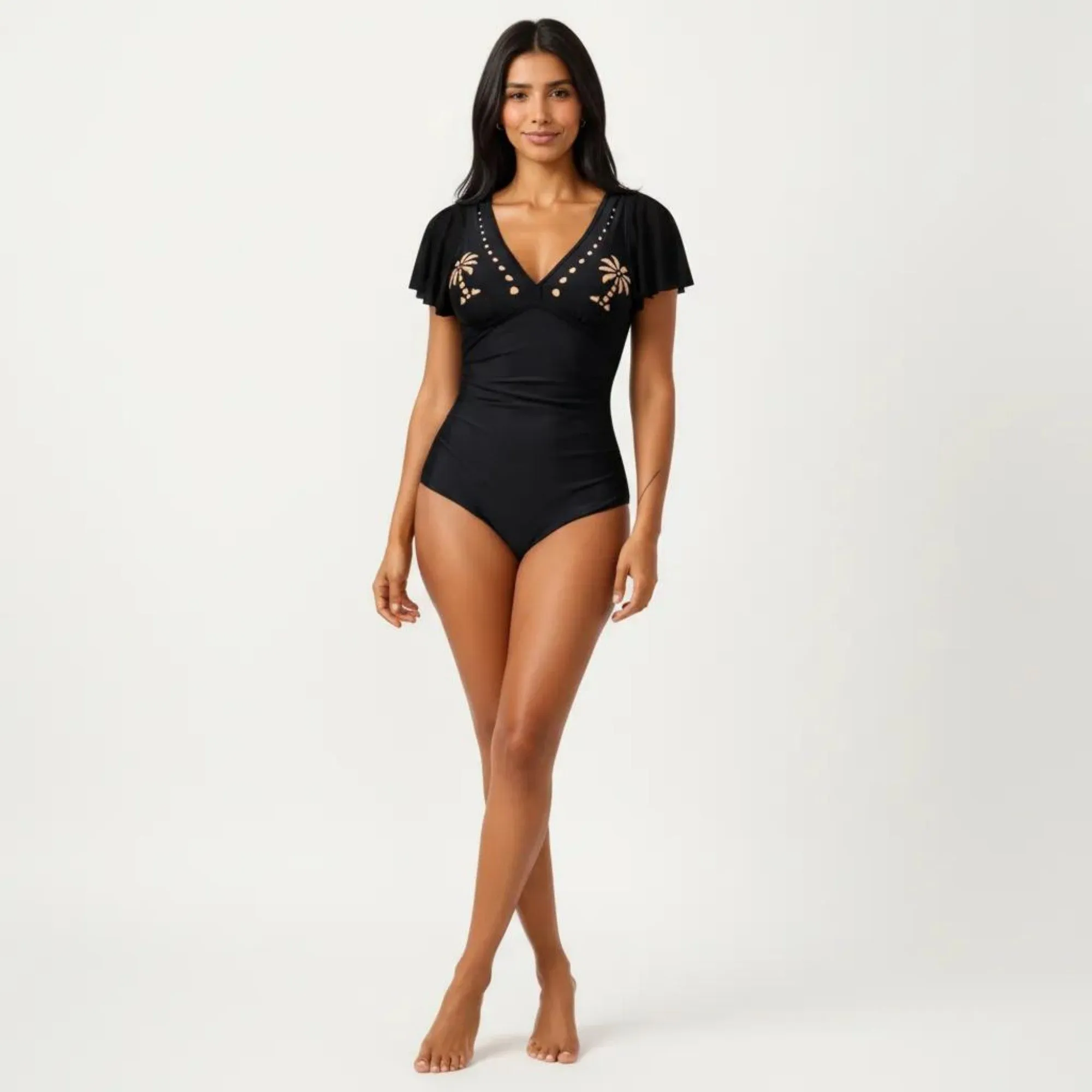 Anna-Kaci Swim Women's One Piece Swimsuit with Flutter Sleeves V Neck Bust Detail and Shaping Silhouette sold by Anna-Kaci product image thumbnail 3