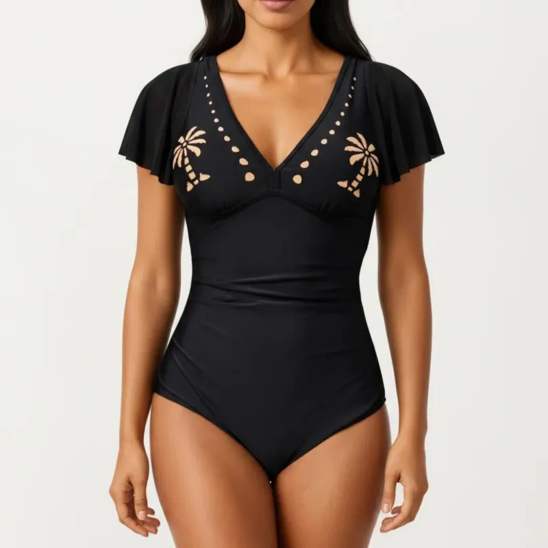 Anna-Kaci Swim Women's One Piece Swimsuit with Flutter Sleeves V Neck Bust Detail and Shaping Silhouette made by Anna-Kaci