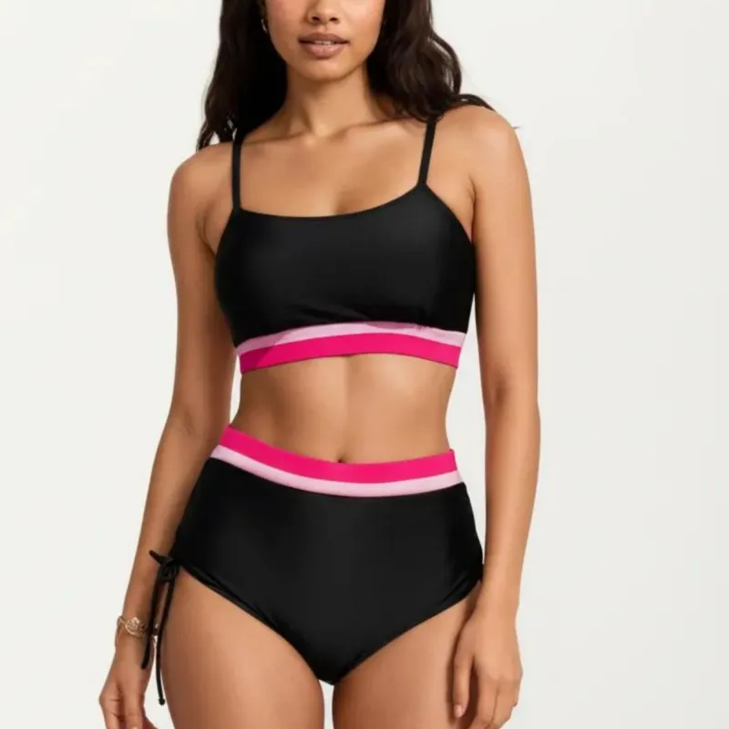Anna-Kaci Swim Women's Two Piece Bikini Set with Scoop Neck Top High Waist Bottom and Contrast Trim sold by Anna-Kaci
