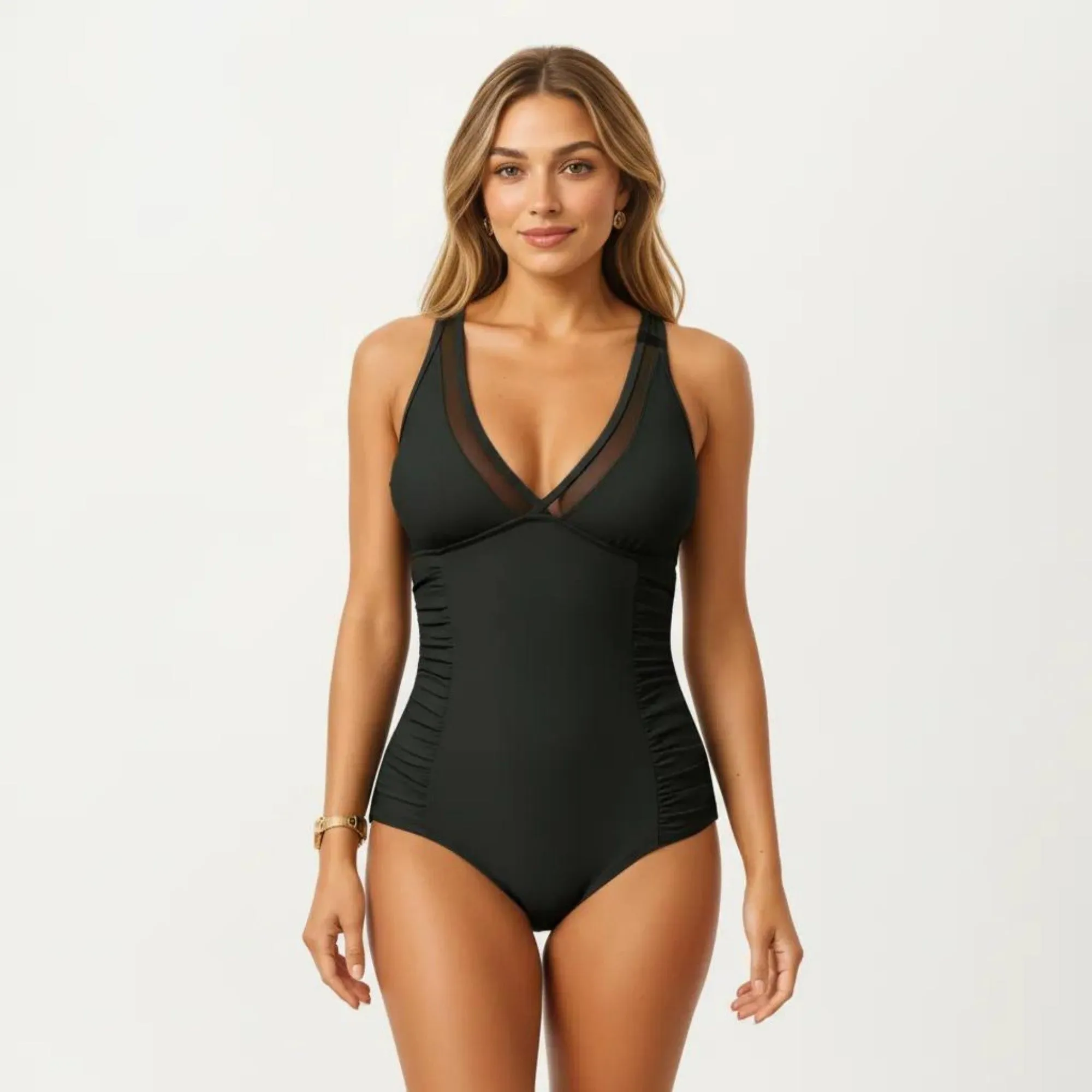 Anna-Kaci Swim Women's One Piece Swimsuit with Sheer V Neck Inset Ruched Sides and Supportive Fit sold by Anna-Kaci product image thumbnail 2