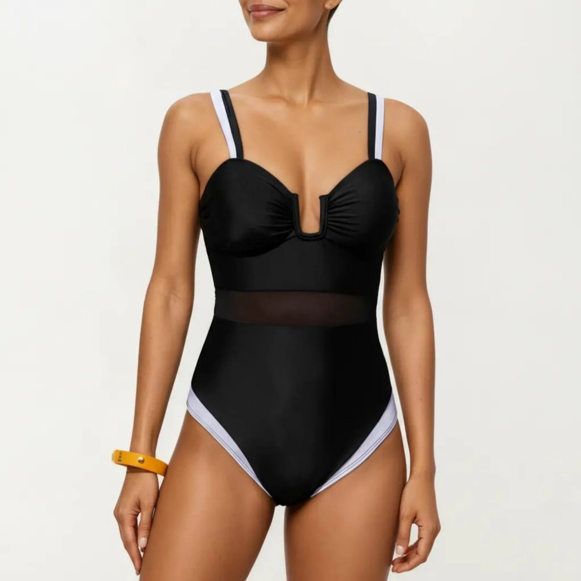 Anna-Kaci Swim Women's One Piece Swimsuit with U Neckline Sheer Waist Panel and Contrast Strap Detail sold by Anna-Kaci