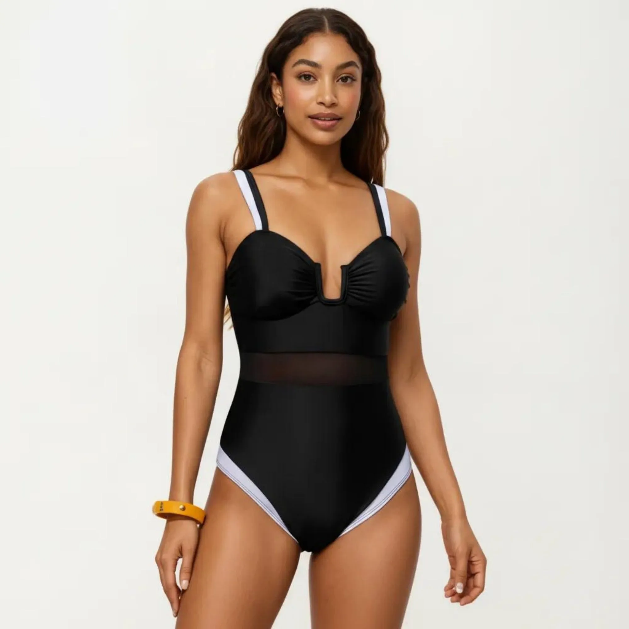Anna-Kaci Swim Women's One Piece Swimsuit with U Neckline Sheer Waist Panel and Contrast Strap Detail sold by Anna-Kaci product image thumbnail 2