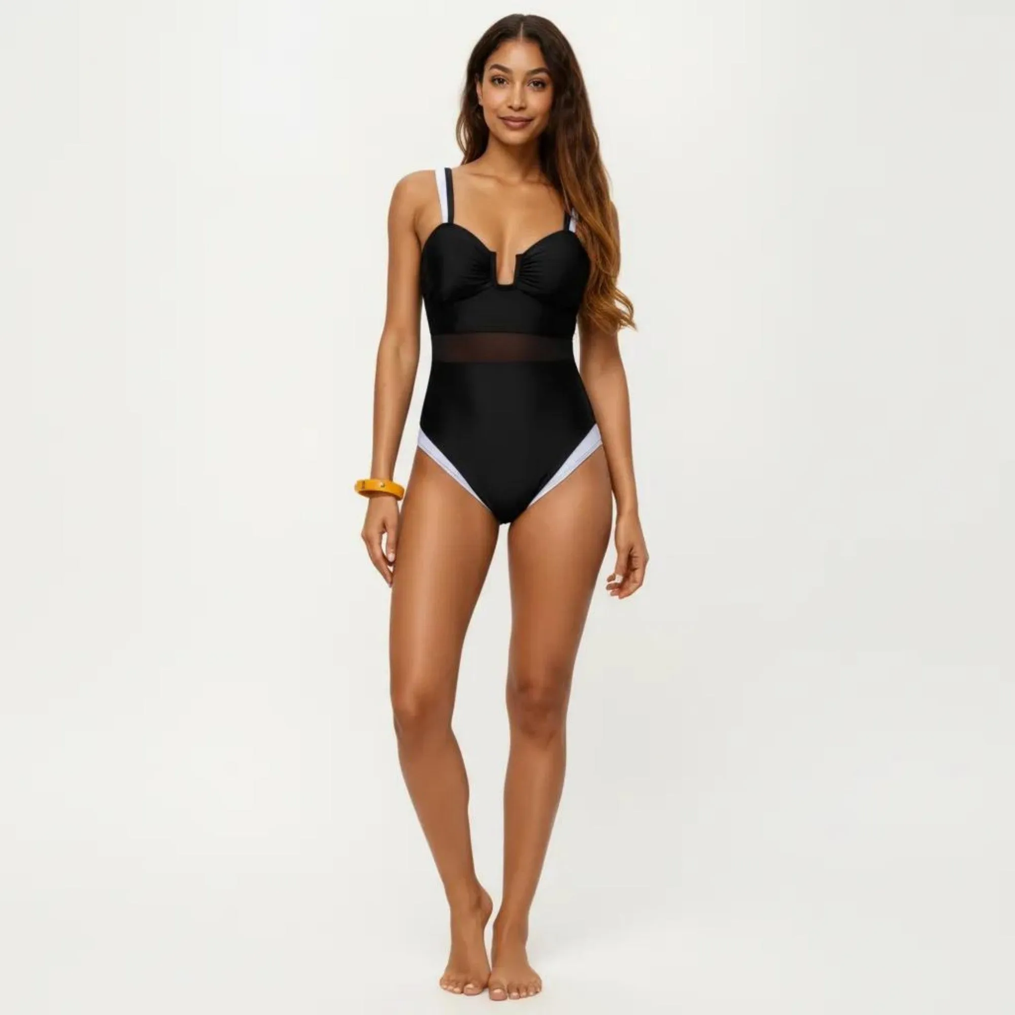 Anna-Kaci Swim Women's One Piece Swimsuit with U Neckline Sheer Waist Panel and Contrast Strap Detail sold by Anna-Kaci product image thumbnail 3