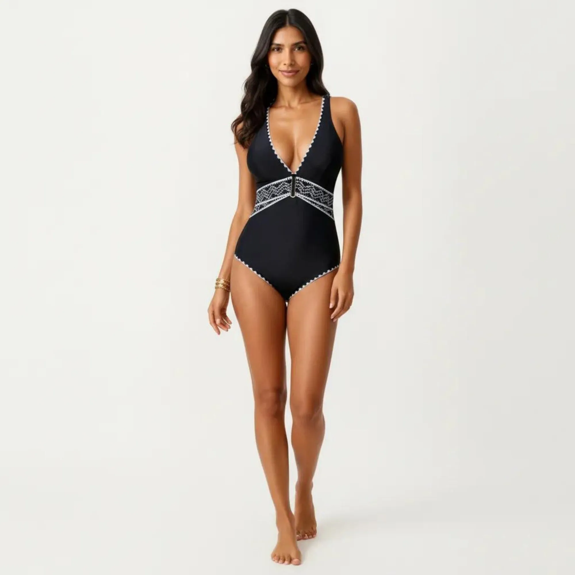 Anna-Kaci Swim Women's One Piece Swimsuit with Deep V Neckline Textured Waistband and Contrast Trim sold by Anna-Kaci product image thumbnail 3