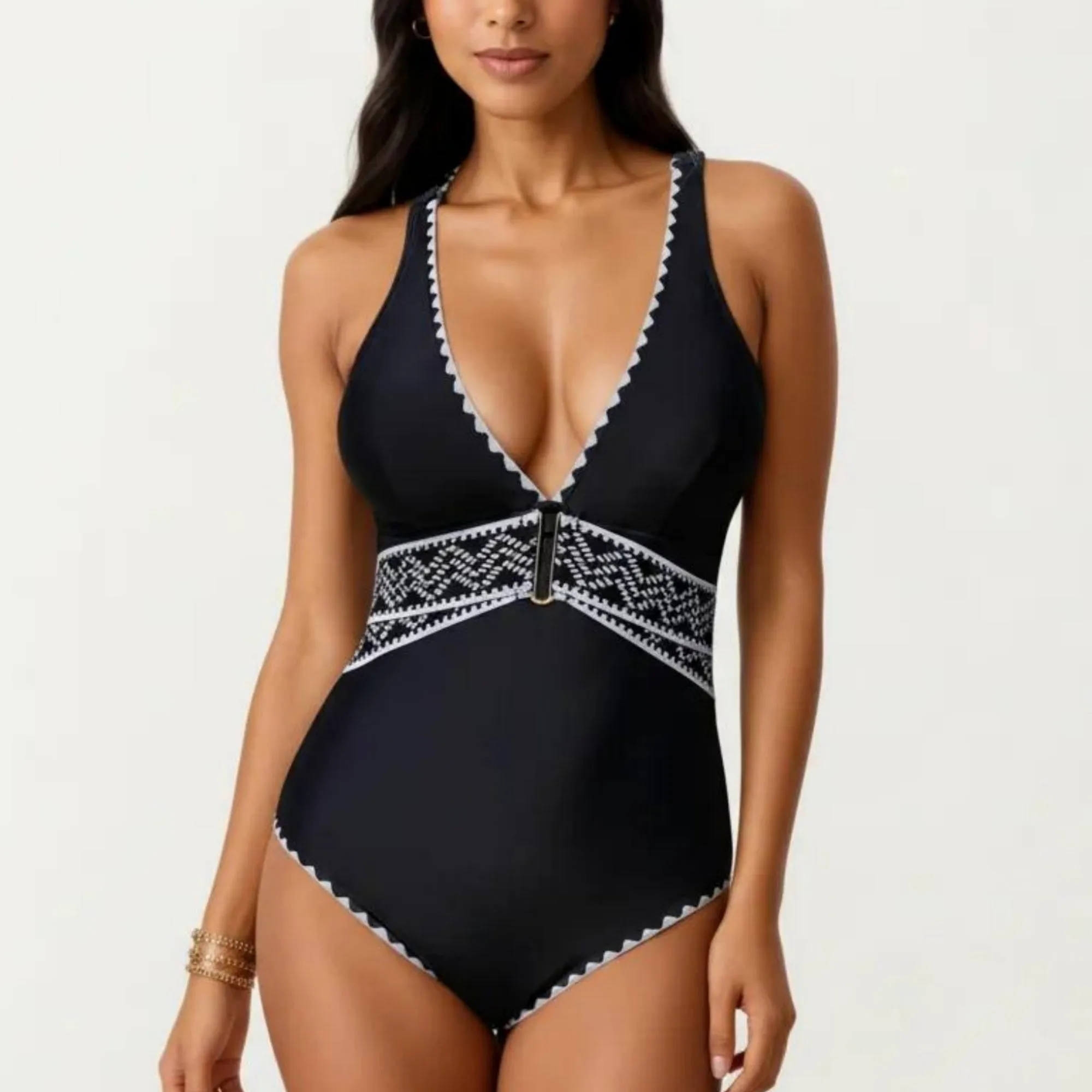 Anna-Kaci Swim Women's One Piece Swimsuit with Deep V Neckline Textured Waistband and Contrast Trim sold by Anna-Kaci