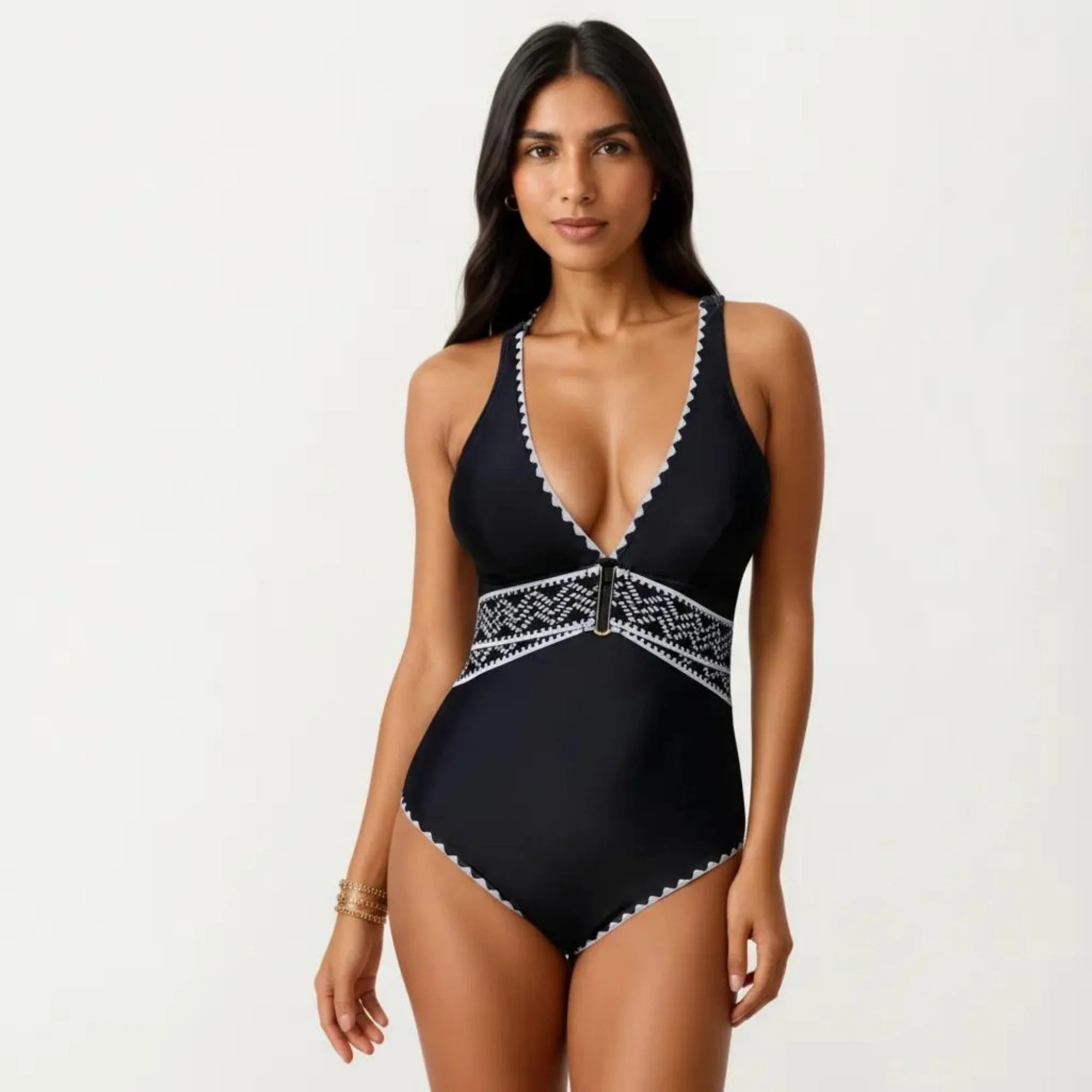 Anna-Kaci Swim Women's One Piece Swimsuit with Deep V Neckline Textured Waistband and Contrast Trim sold by Anna-Kaci product image thumbnail 2