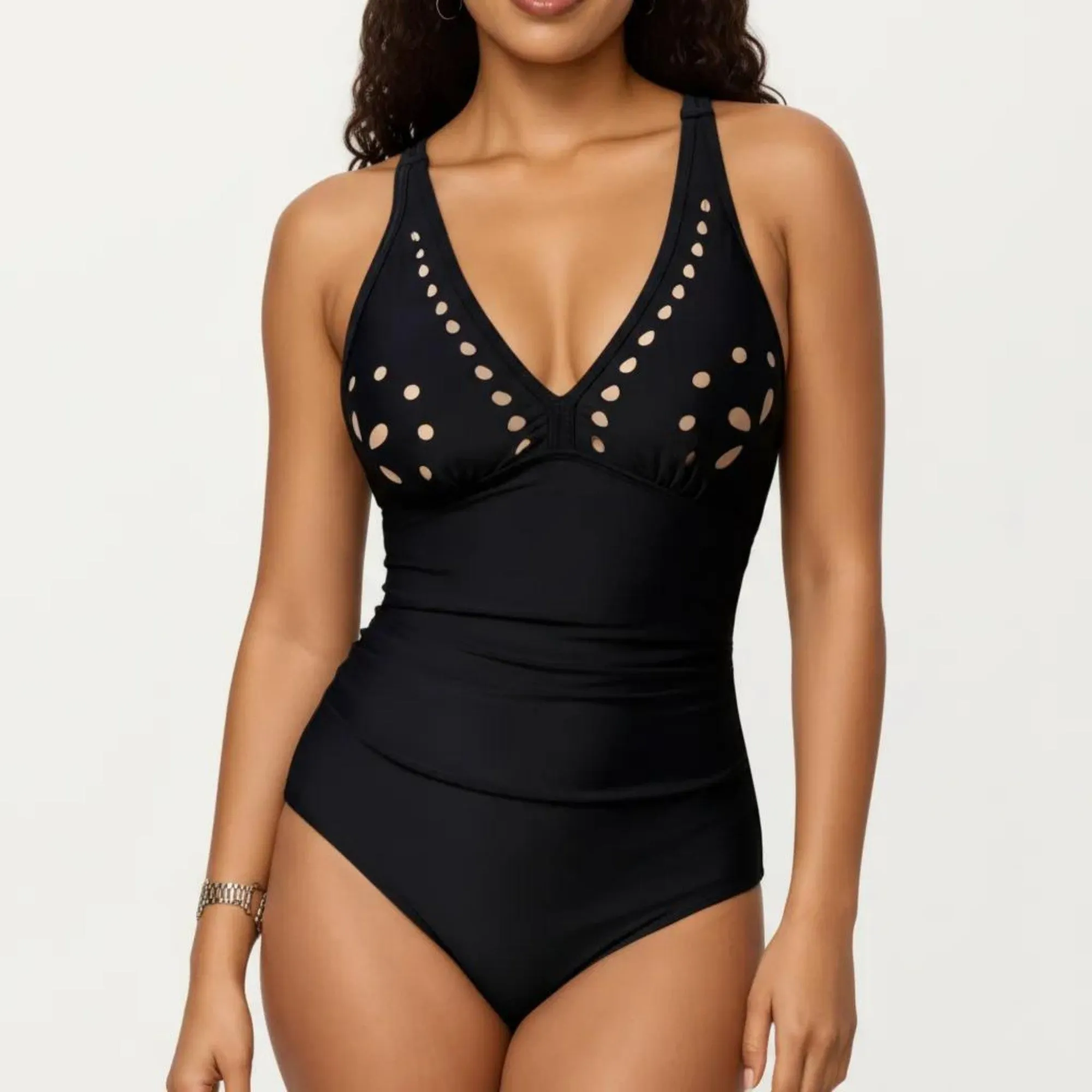 Anna-Kaci Swim Women's One Piece Swimsuit with V Neck Laser Cut Detail and Contoured Fit sold by Anna-Kaci