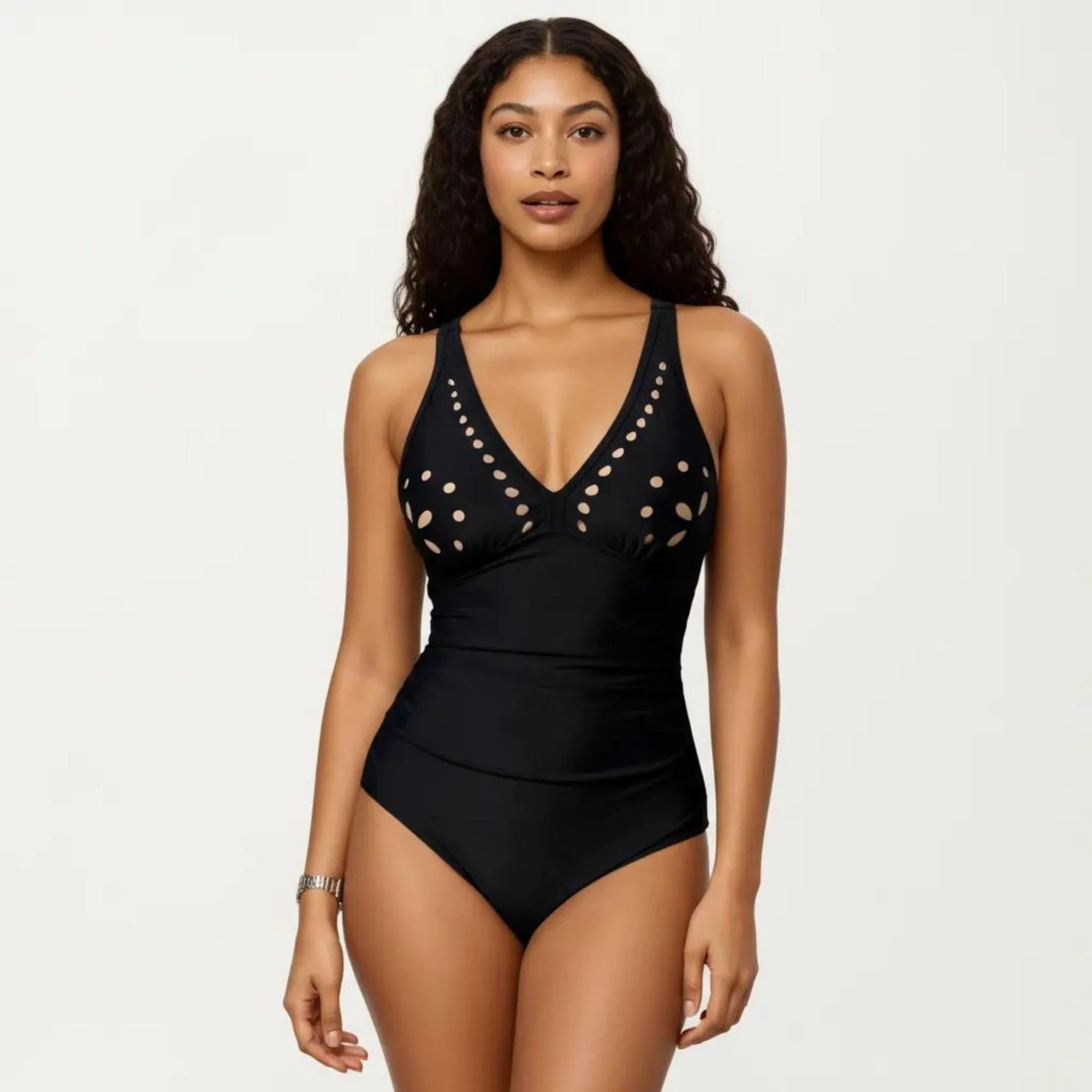 Anna-Kaci Swim Women's One Piece Swimsuit with V Neck Laser Cut Detail and Contoured Fit sold by Anna-Kaci product image thumbnail 2