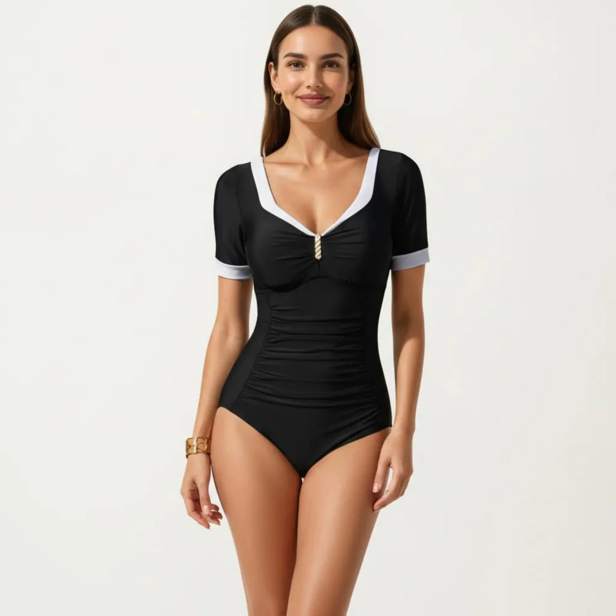 Anna-Kaci Swim Women's One Piece Fashion Swimsuit with Short Sleeves V Neck Trim and Ruched Waist sold by Anna-Kaci product image thumbnail 2