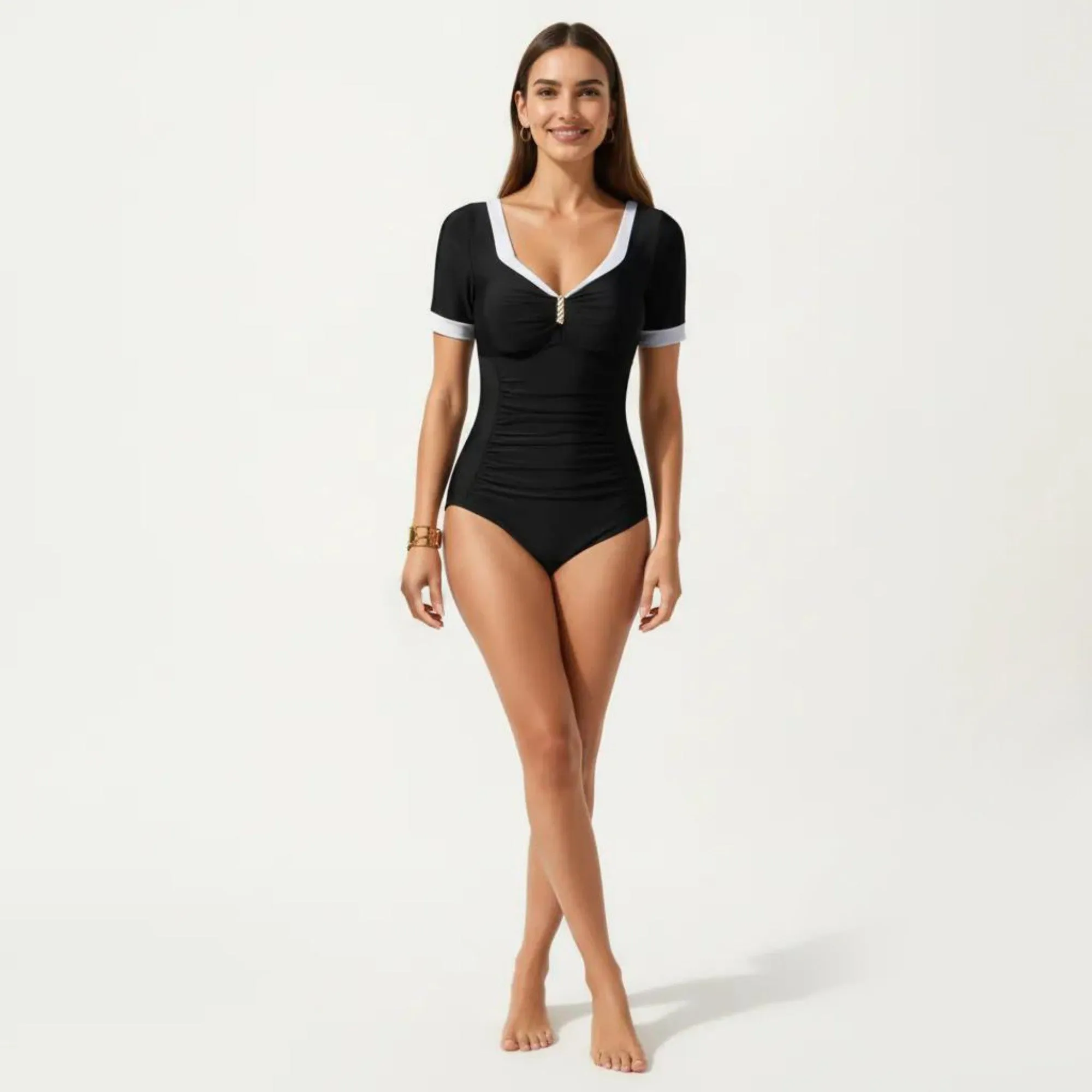 Anna-Kaci Swim Women's One Piece Fashion Swimsuit with Short Sleeves V Neck Trim and Ruched Waist sold by Anna-Kaci product image thumbnail 3