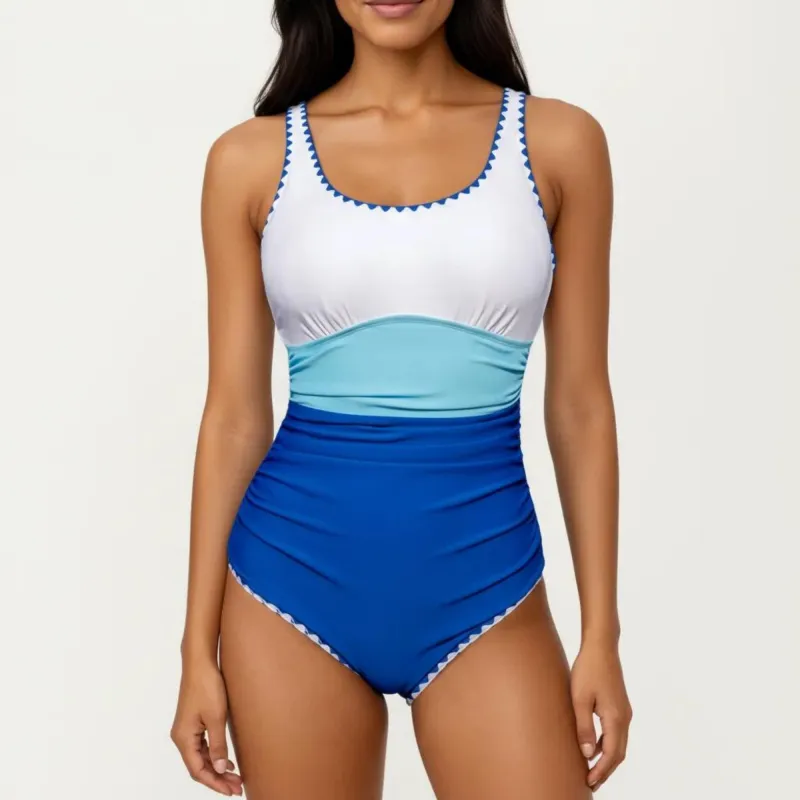 Anna-Kaci Swim Women's One Piece Swimsuit with Contrast Trim Scoop Neck and Ruched Waist made by Anna-Kaci