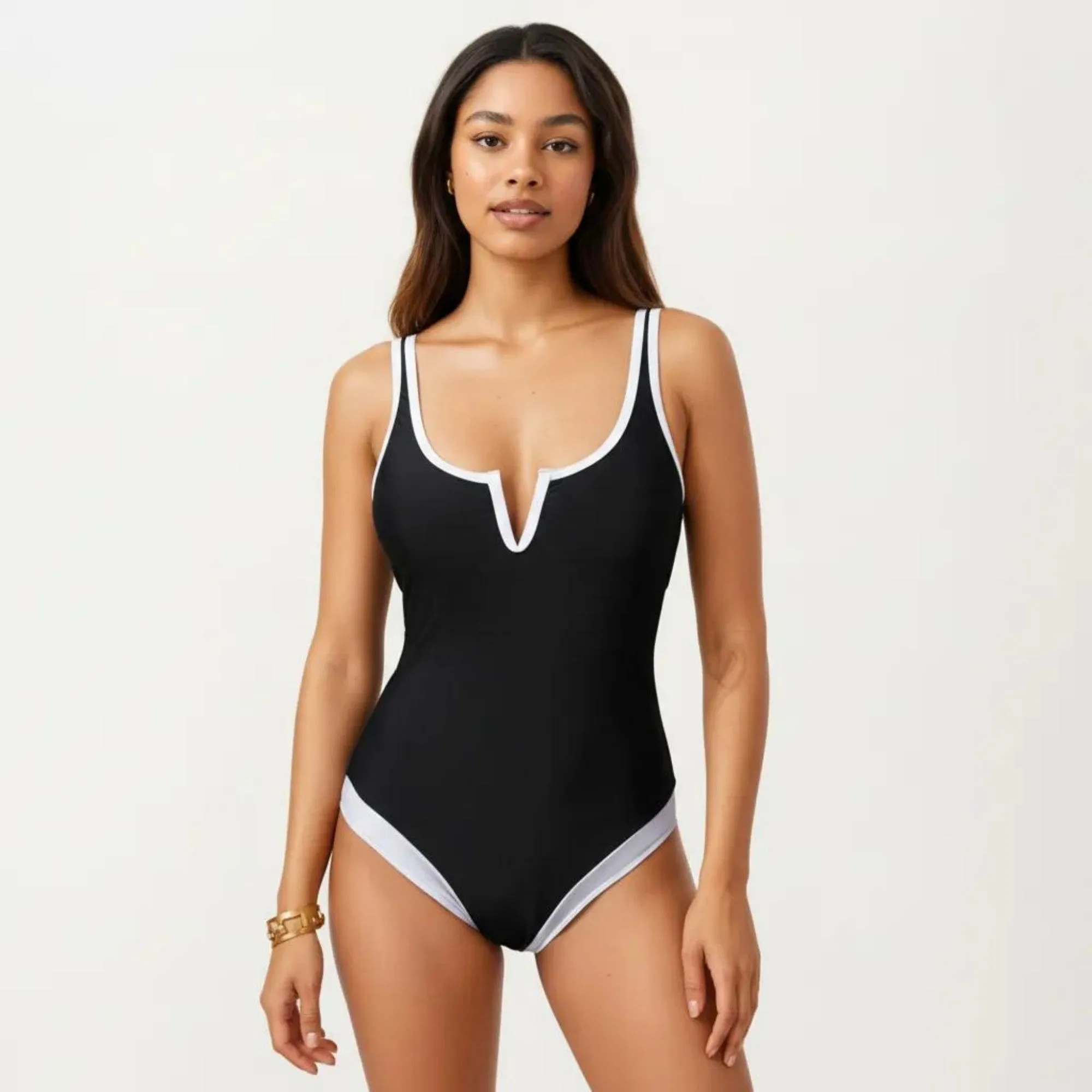 Anna-Kaci Swim Women's One Piece Swimsuit with Notched Scoop Neck Contrast Trim and Contoured Fit sold by Anna-Kaci product image thumbnail 2