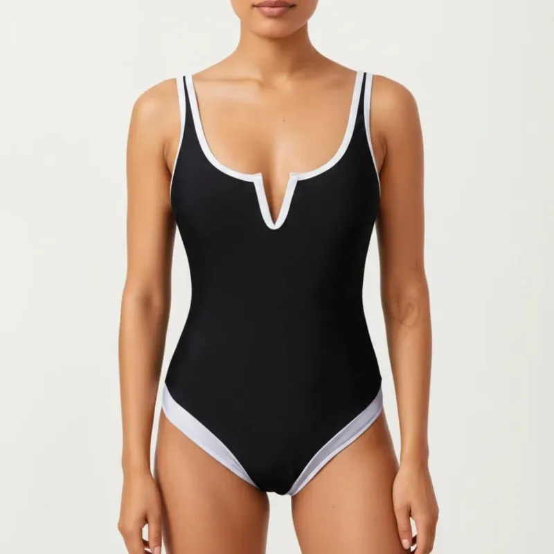 Anna-Kaci Swim Women's One Piece Swimsuit with Notched Scoop Neck Contrast Trim and Contoured Fit made by Anna-Kaci