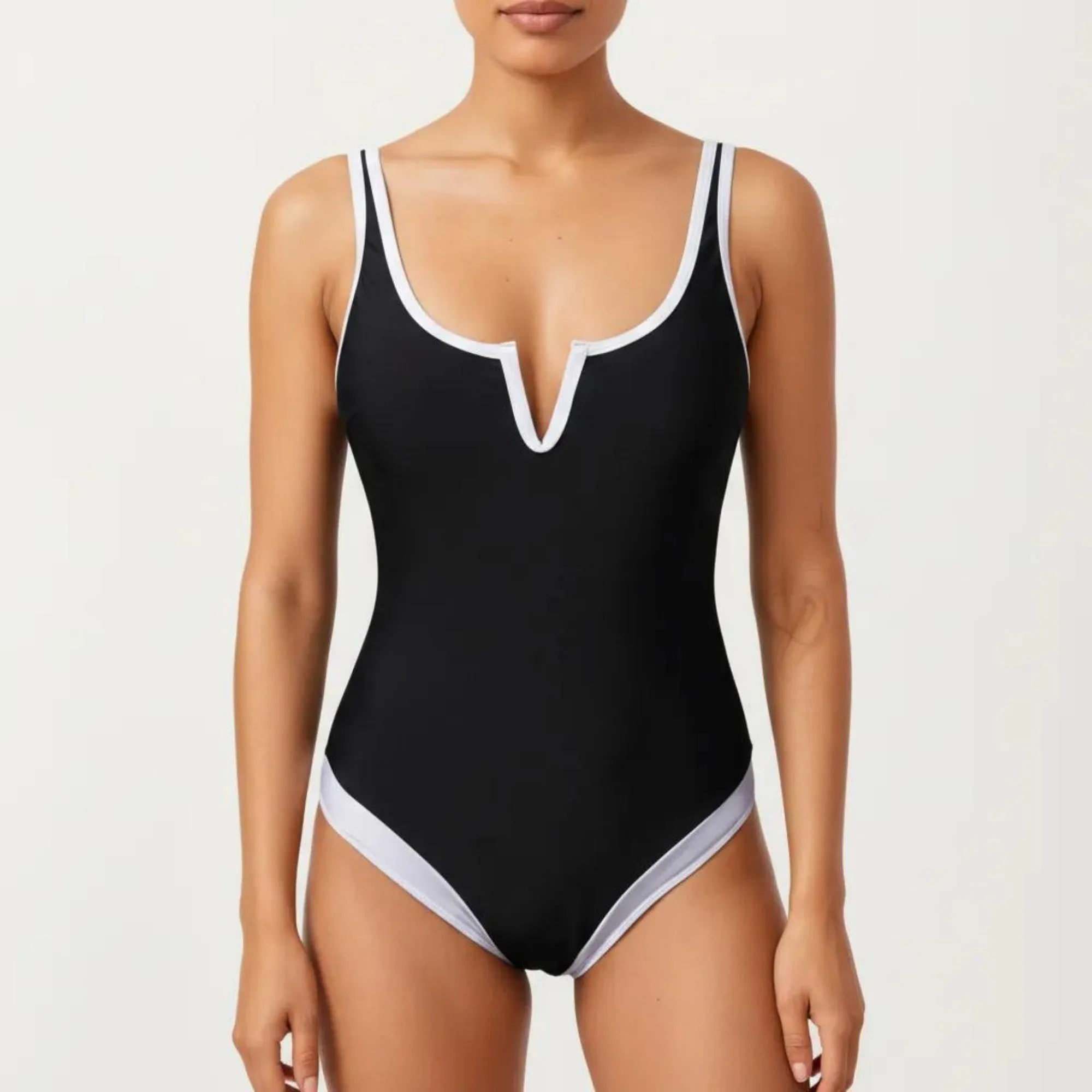Anna-Kaci Swim Women's One Piece Swimsuit with Notched Scoop Neck Contrast Trim and Contoured Fit sold by Anna-Kaci