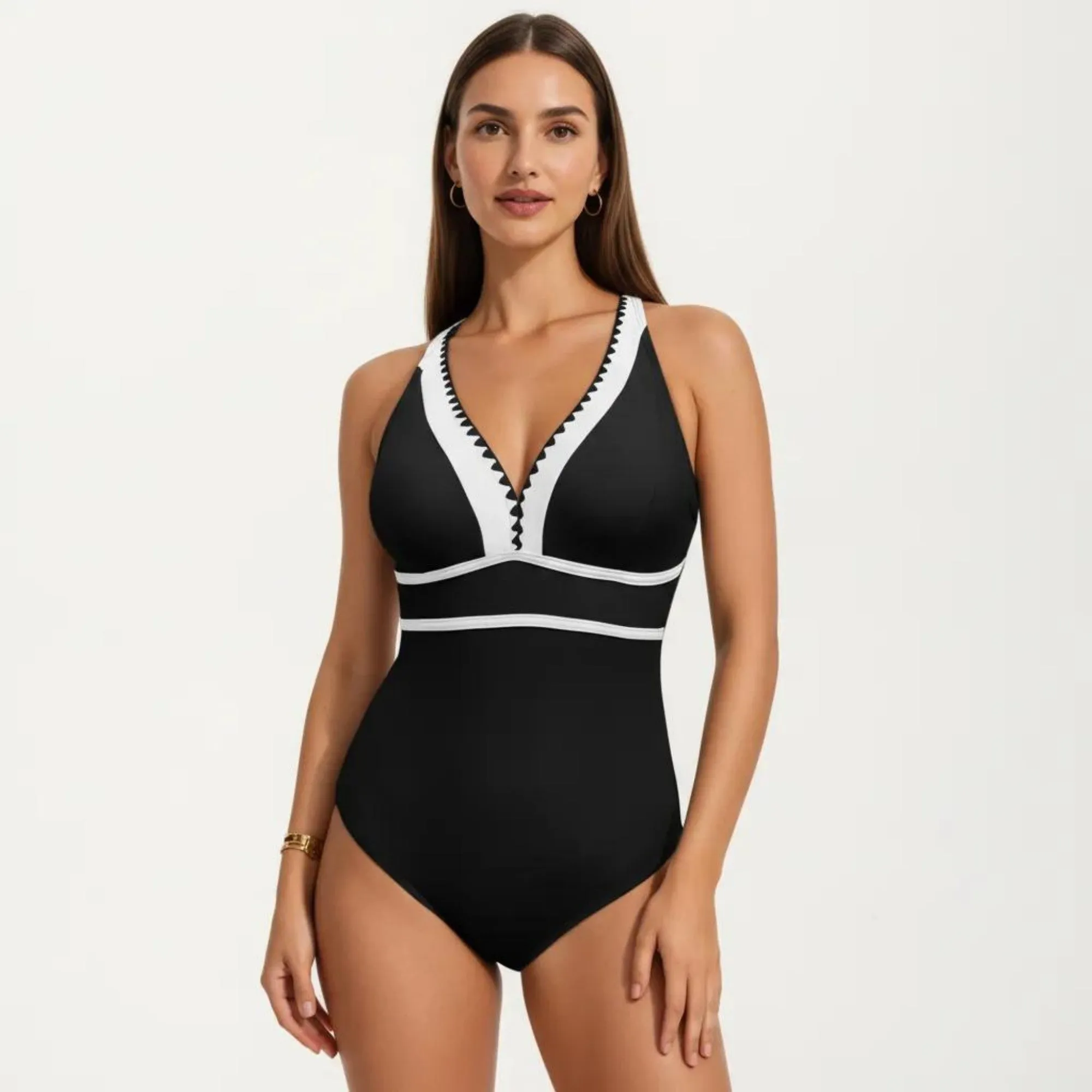 Anna-Kaci Swim Women's One Piece Swimsuit with Deep V Neck Contrast Trim and Sculpted Waist Design sold by Anna-Kaci product image thumbnail 2