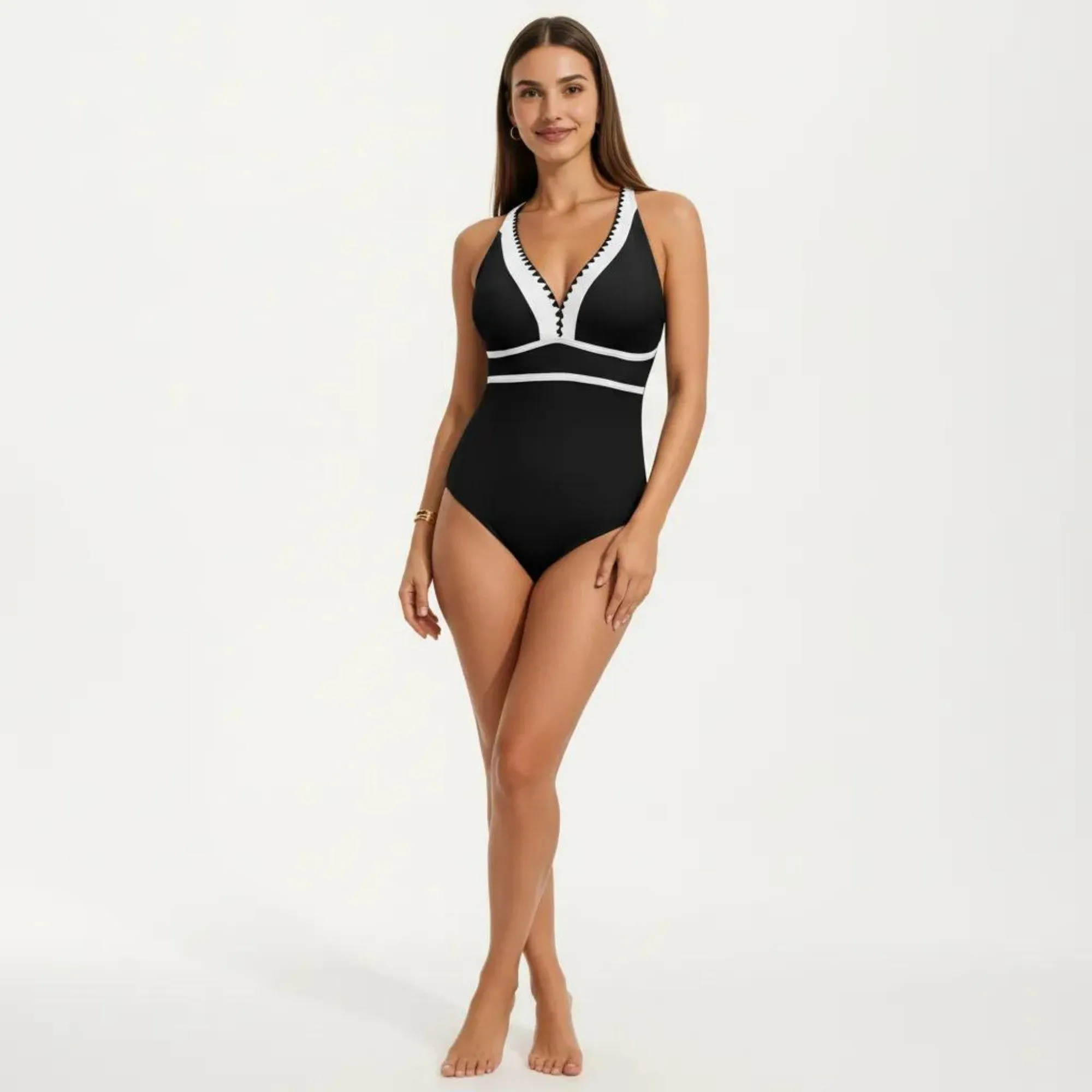 Anna-Kaci Swim Women's One Piece Swimsuit with Deep V Neck Contrast Trim and Sculpted Waist Design sold by Anna-Kaci product image thumbnail 3