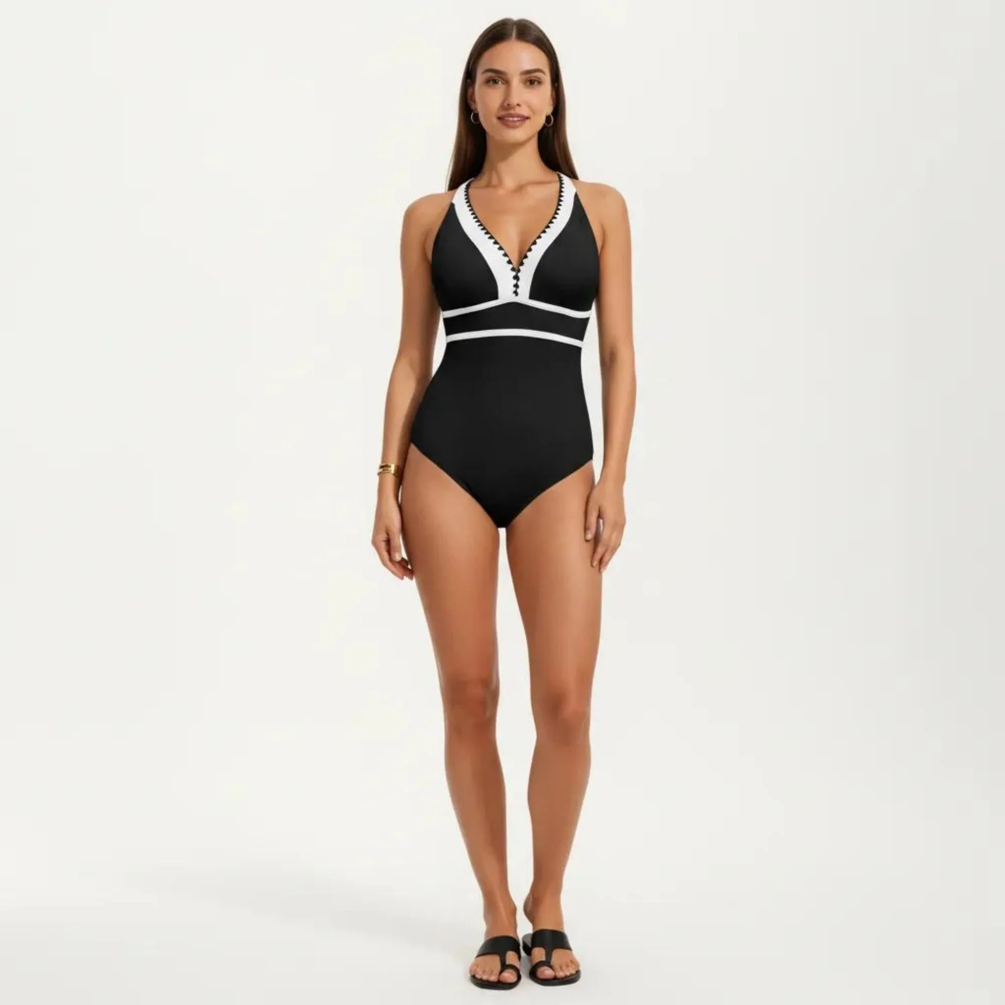 Anna-Kaci Swim Women's One Piece Swimsuit with Deep V Neck Contrast Trim and Sculpted Waist Design sold by Anna-Kaci product image thumbnail 4